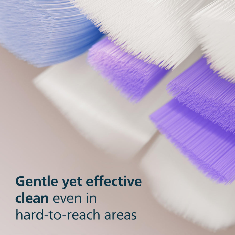 Philips Sonicare cabezal en uso sobre dientes, acción suave y profunda