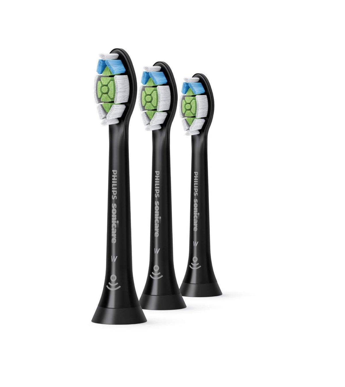 Philips Sonicare cabezal W DiamondClean frontal del pack negro mostrando tres unidades para reemplazo