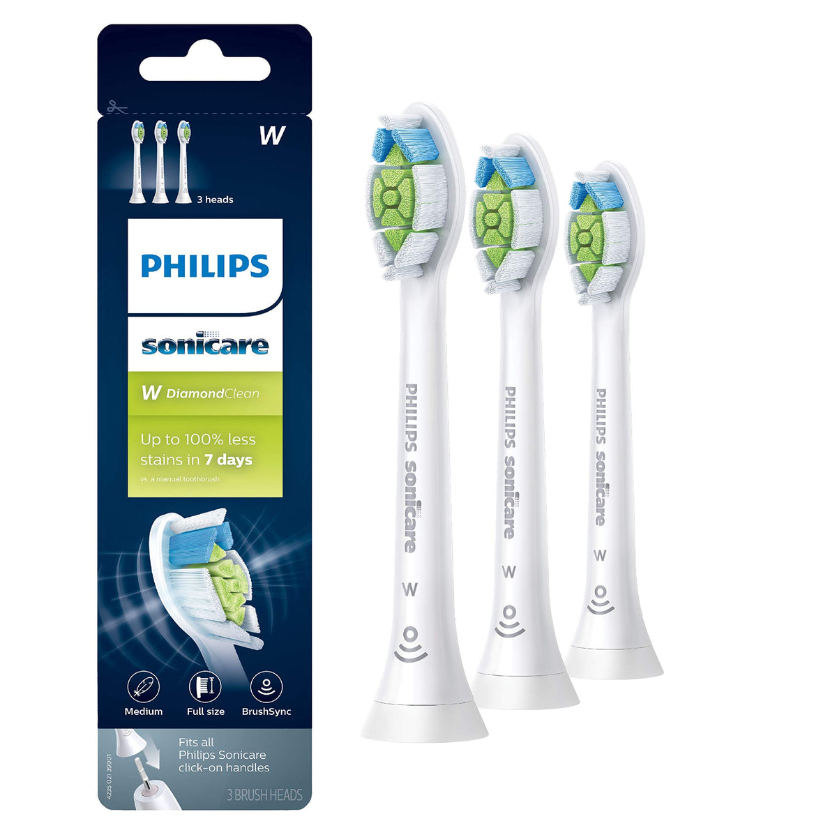 Philips Sonicare vista frontal del pack de 3 cabezales blanco, repuesto efectivo
