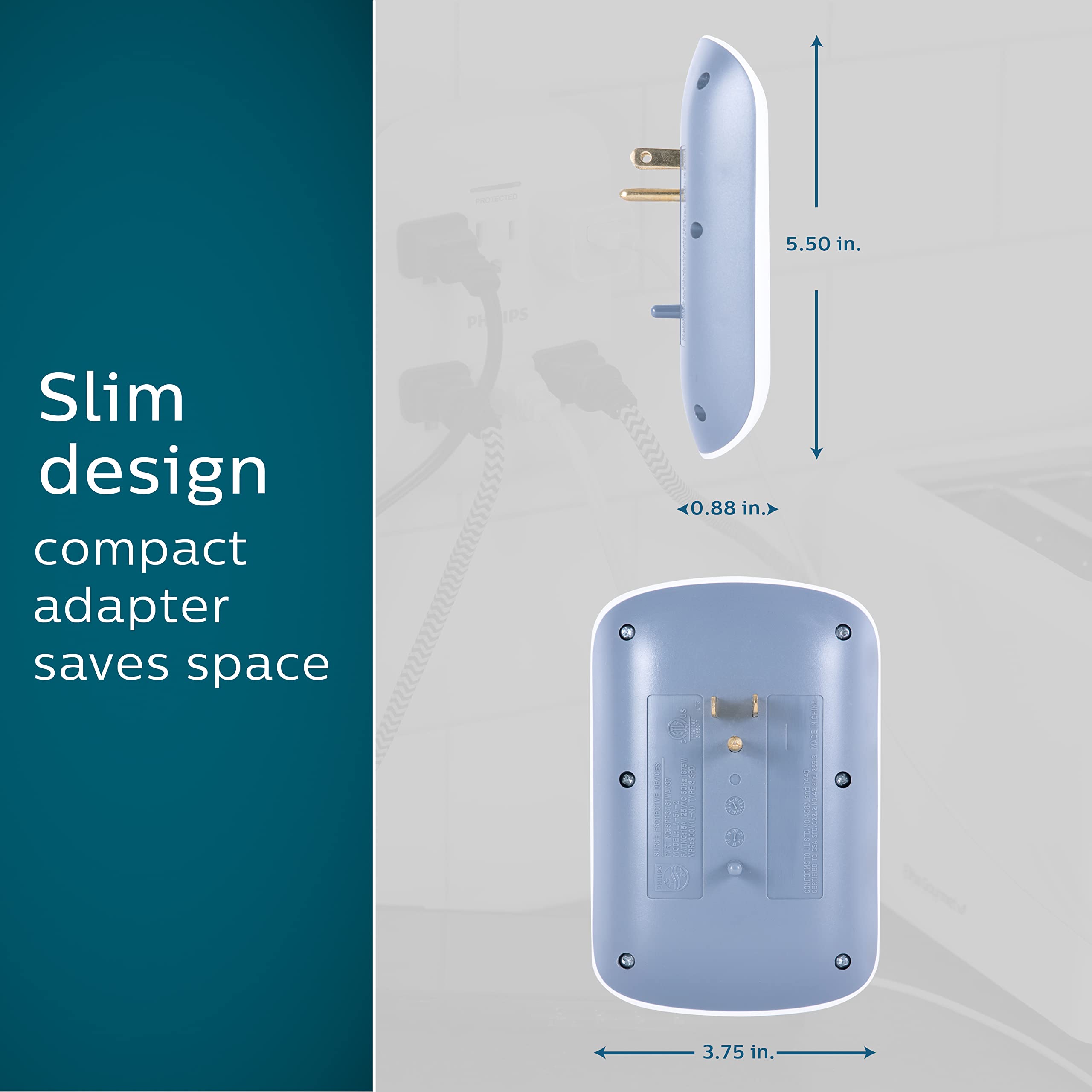 Philips protector en uso sobre un escritorio alimentando laptop y lámpara