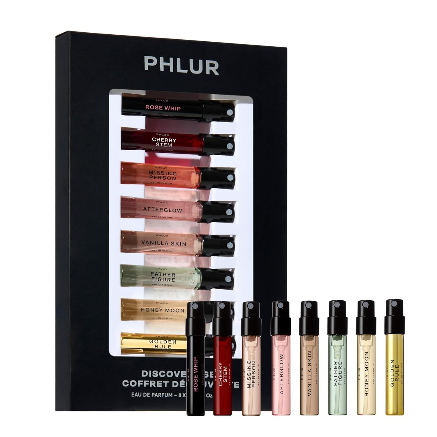 PHLUR estuche frontal mostrando las ocho muestras, ideal para descubrir aromas