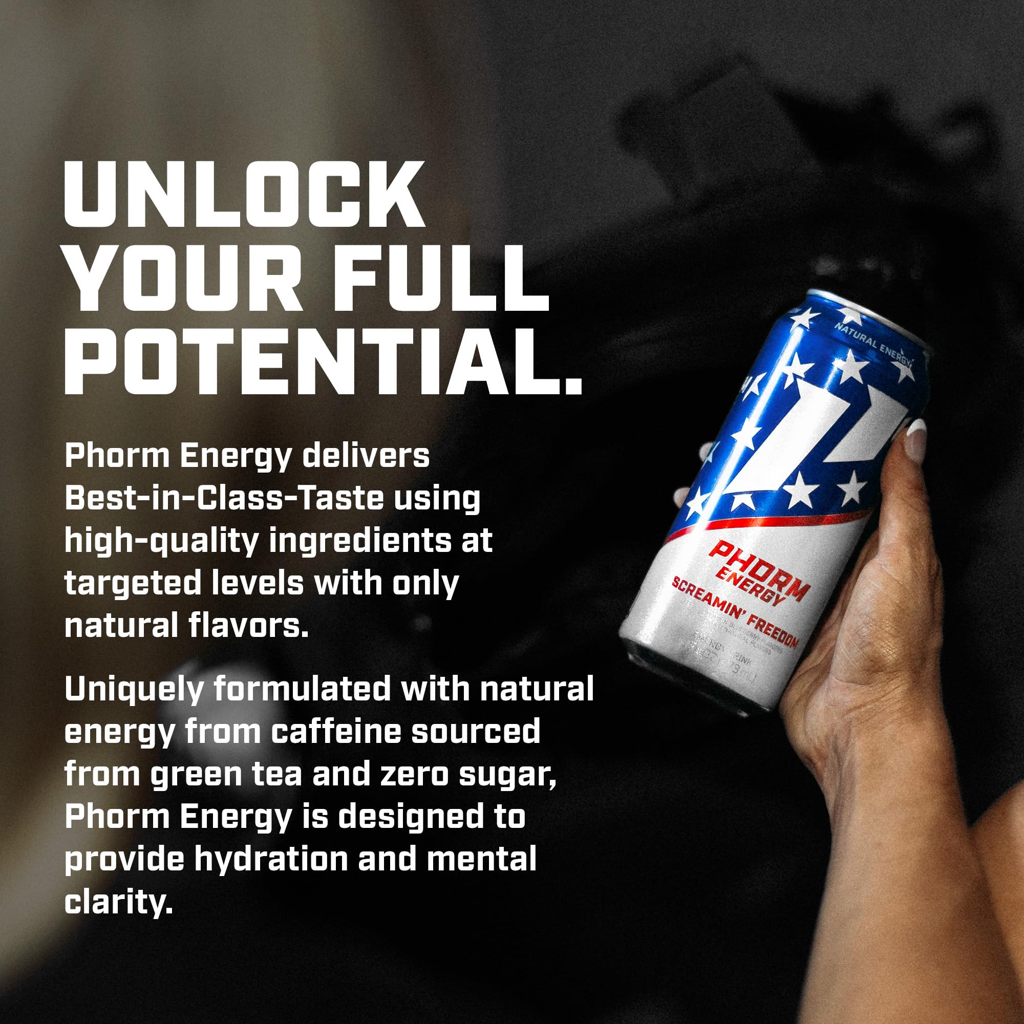 PHORM ENERGY etiqueta y logo en ángulo 3/4 resaltando ingredientes claves