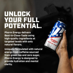 PHORM ENERGY etiqueta y logo en ángulo 3/4 resaltando ingredientes claves