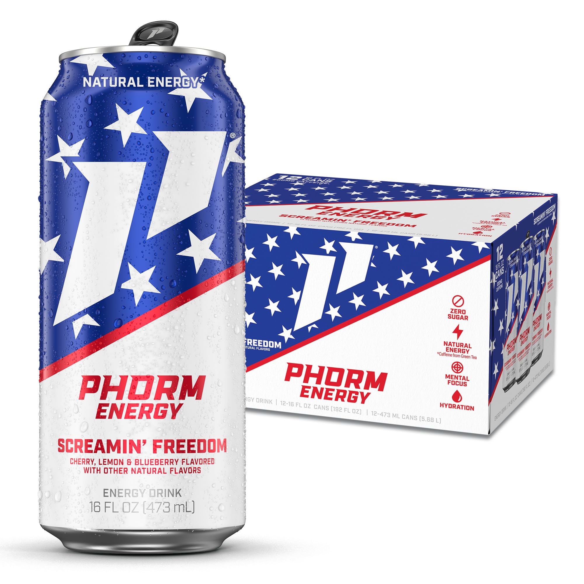PHORM ENERGY vista frontal de lata Screamin’ Freedom mostrando diseño y tamaño