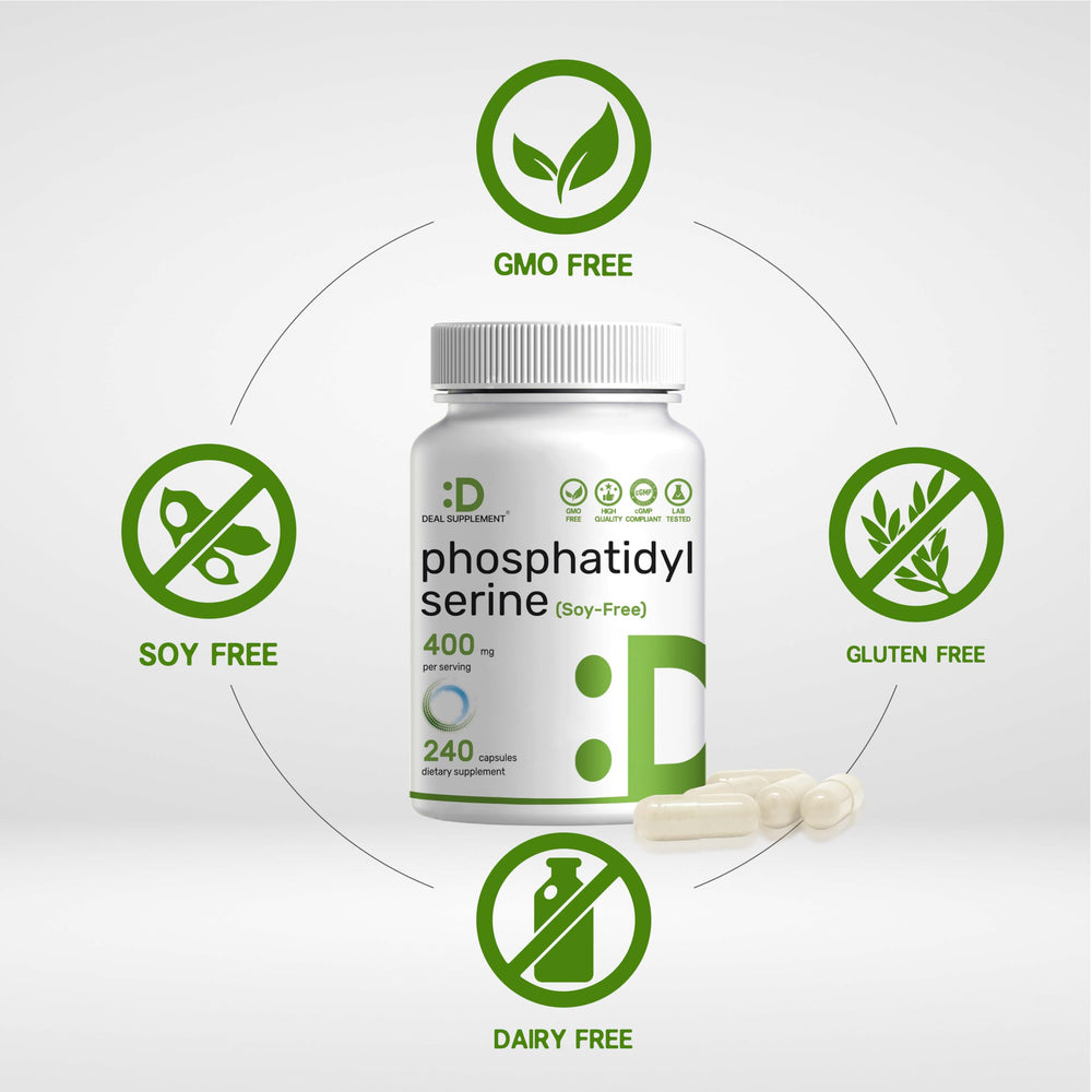 Phosphatidylserine Supplement cápsulas en mano para visualizar tamaño y dosis
