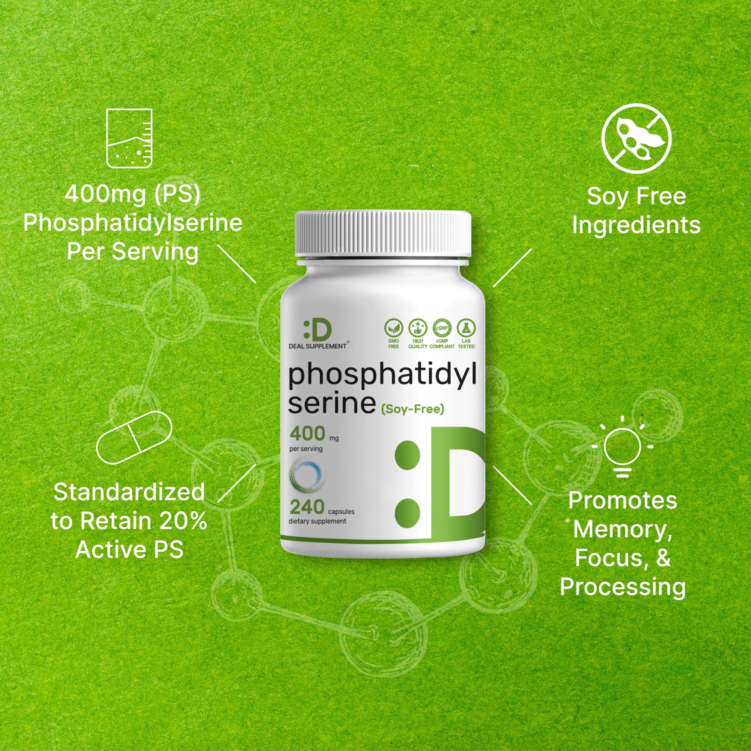 Phosphatidylserine Supplement etiqueta con ingredientes y porcentaje de PS