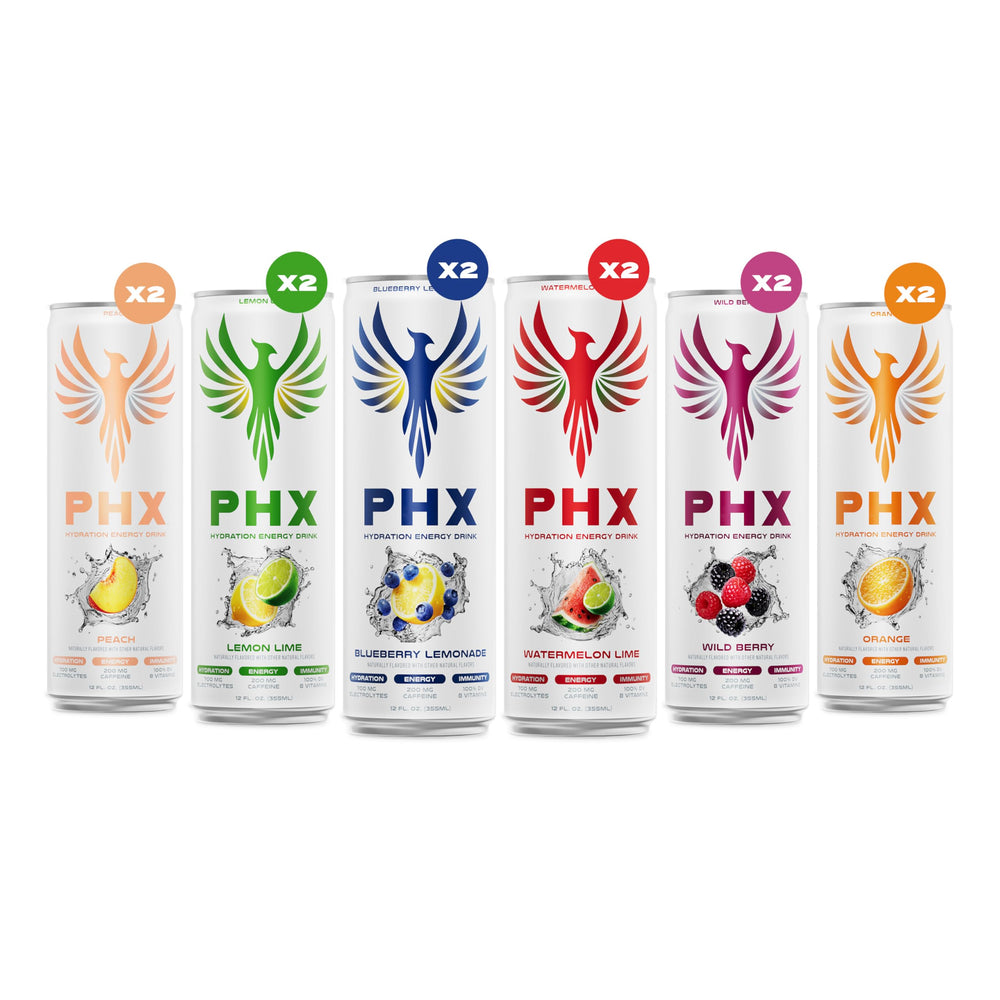 PHX primer plano de etiqueta con lista de electrolitos y vitaminas
