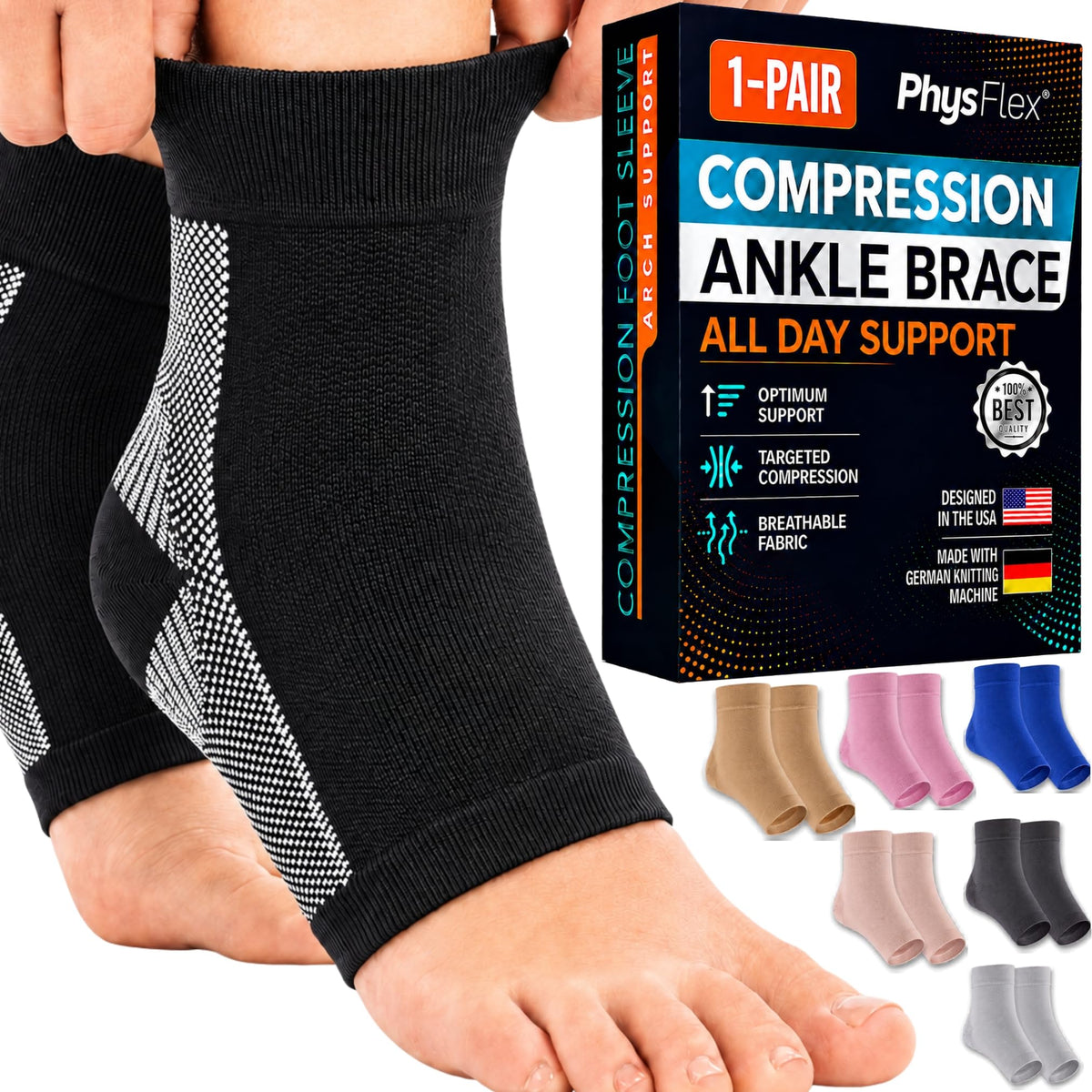 PhysFlex empaque frontal del producto mostrando diseño y tamaño