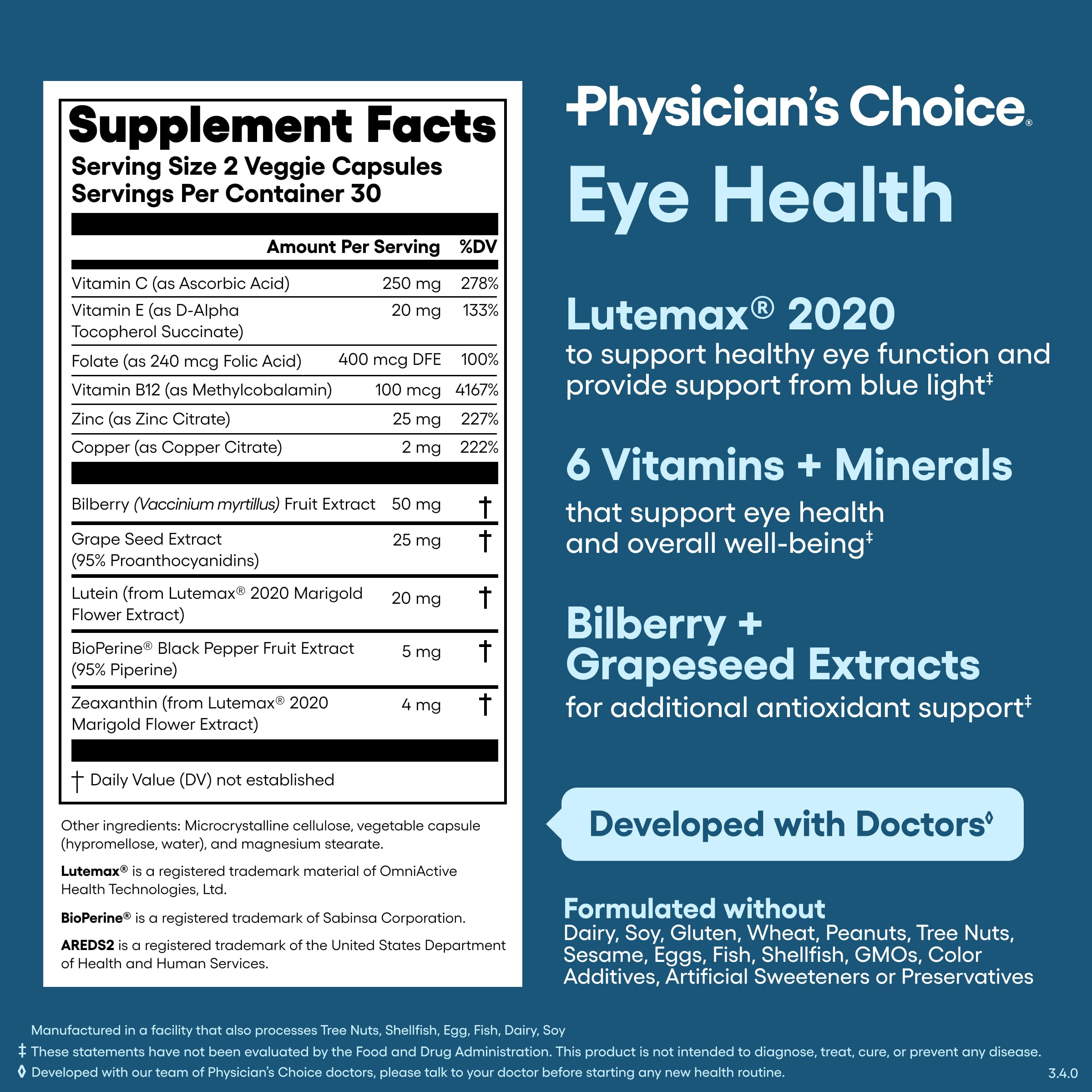 Physician's CHOICE suplemento junto a gafas y pantalla demostrando apoyo visual