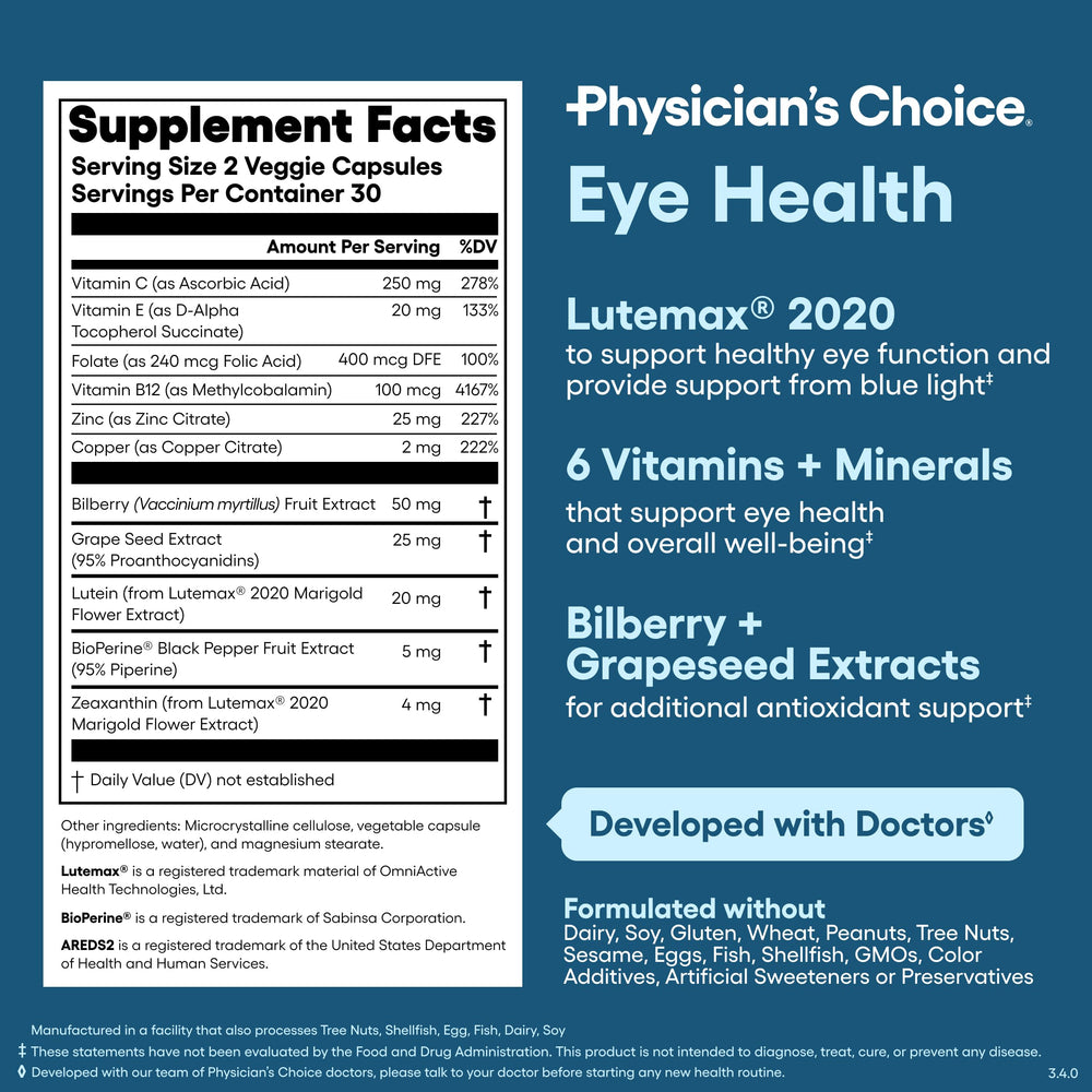 Physician's CHOICE suplemento junto a gafas y pantalla demostrando apoyo visual
