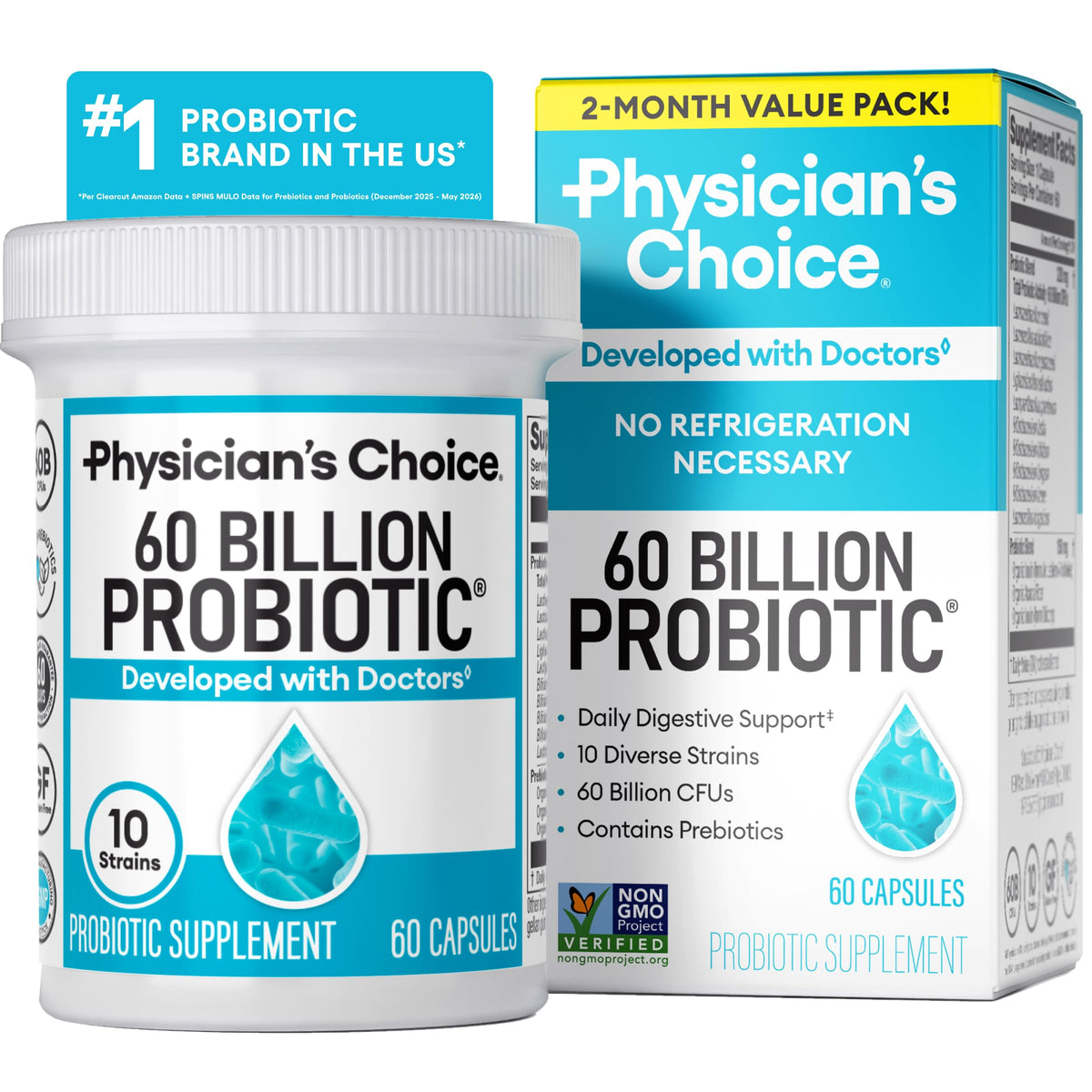 Physician's CHOICE envase frontal mostrando 60 cápsulas y beneficio digestivo