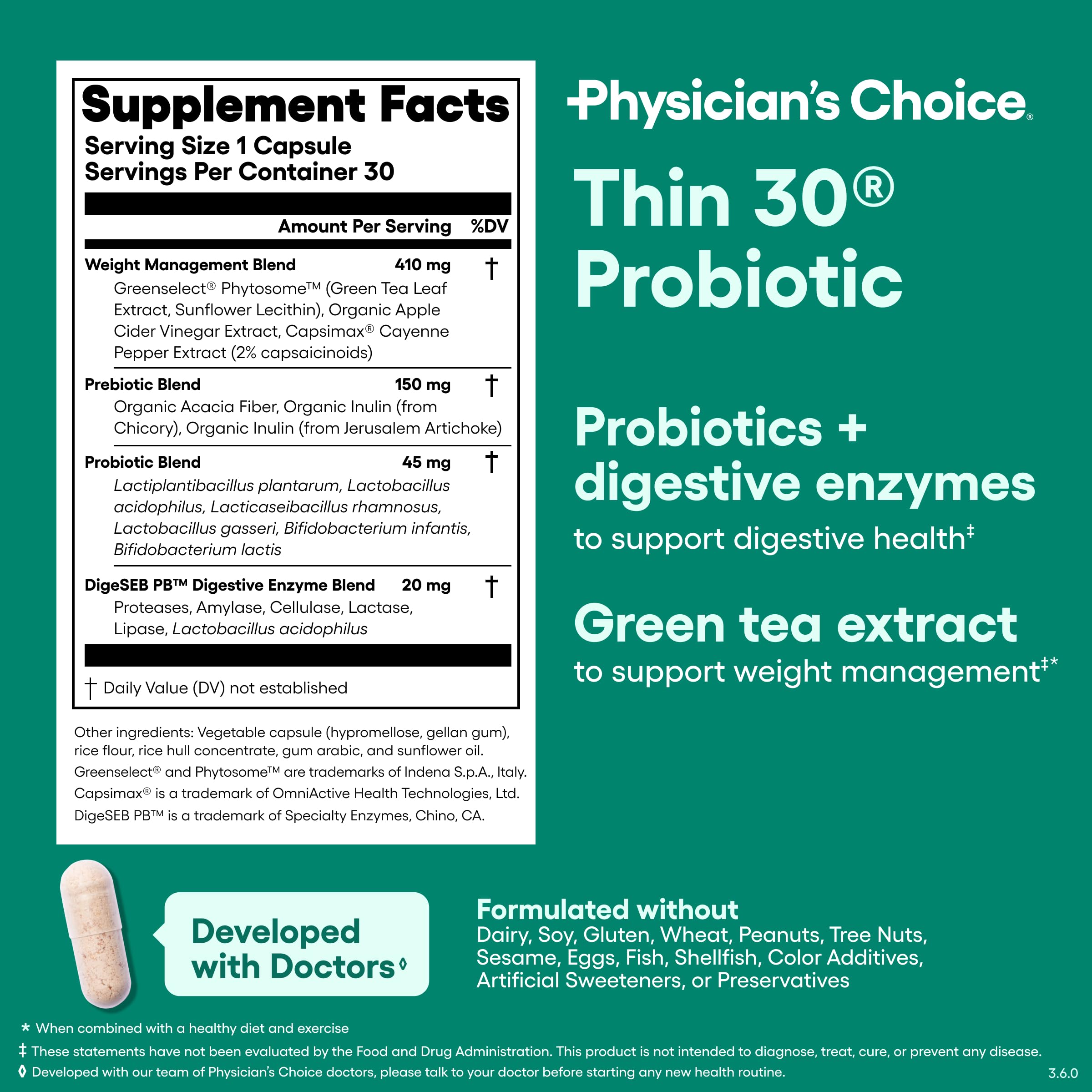Physician's CHOICE primer plano de ingredientes naturales y prebióticos orgánicos presentes