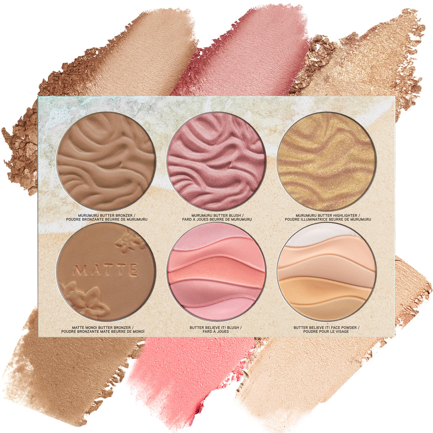 Physicians Formula vista frontal de la paleta mostrando seis tonos y acabado hidratante