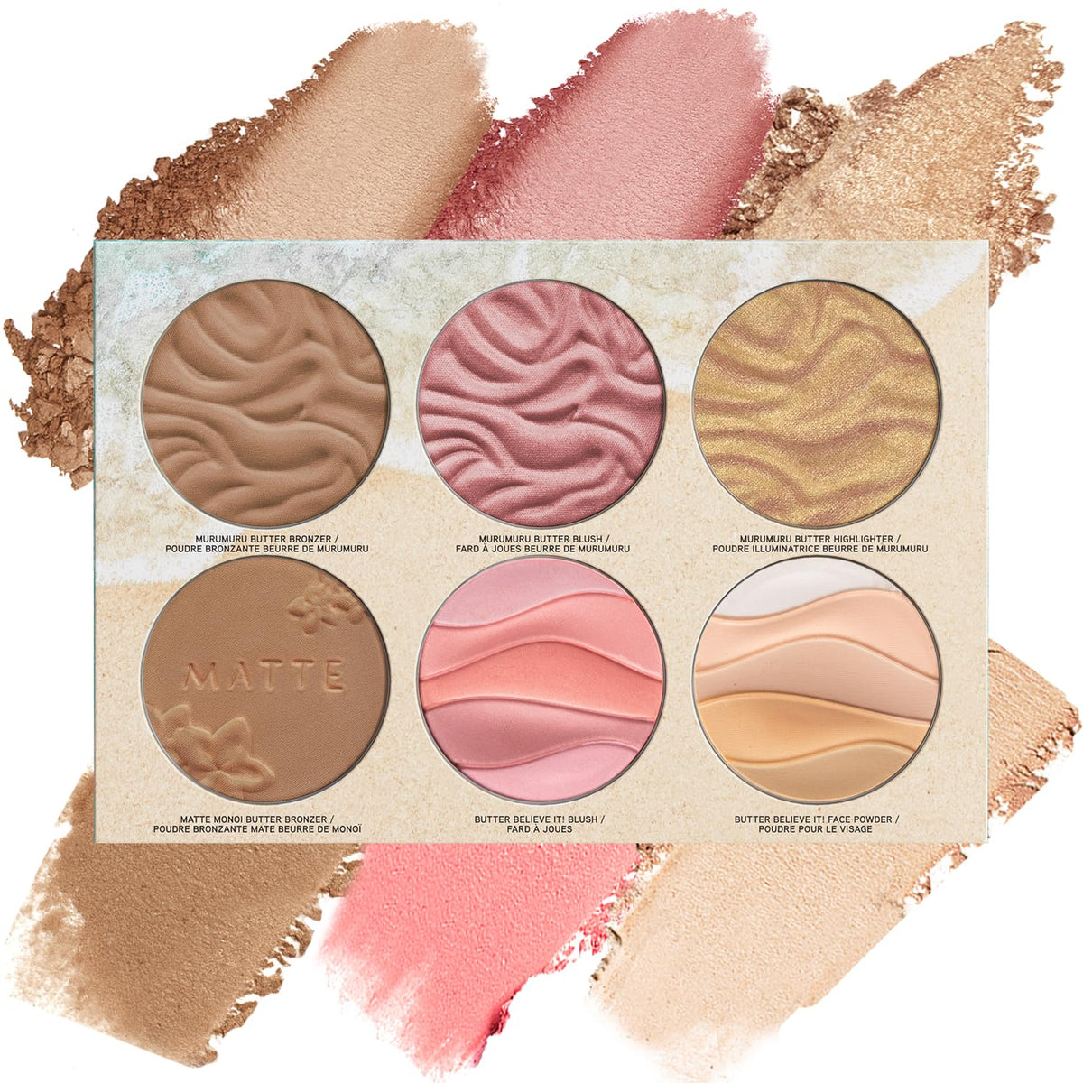 Physicians Formula vista frontal de la paleta mostrando seis tonos y acabado hidratante
