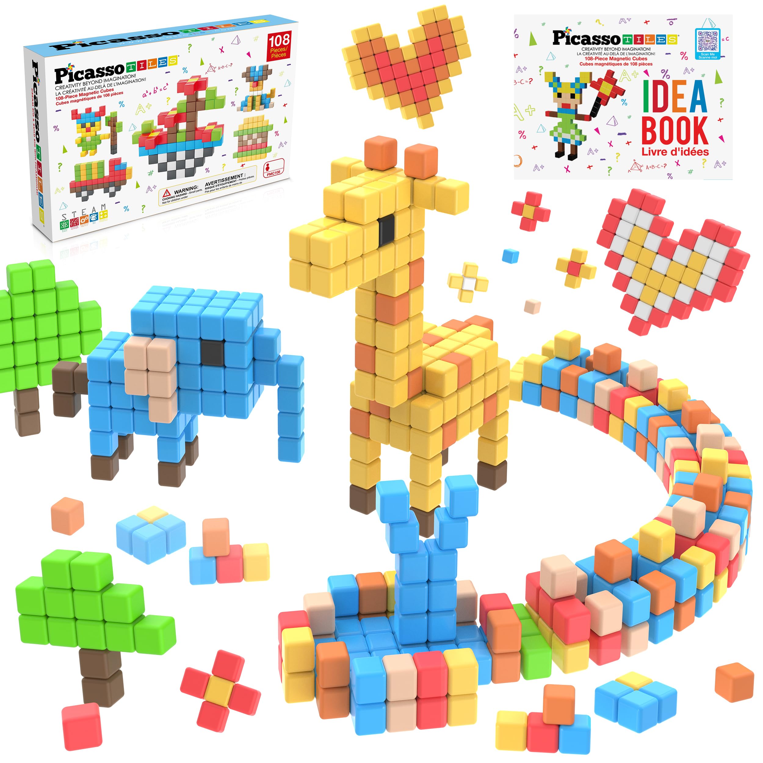 PicassoTiles caja frontal mostrando 108 cubos y beneficios educativos