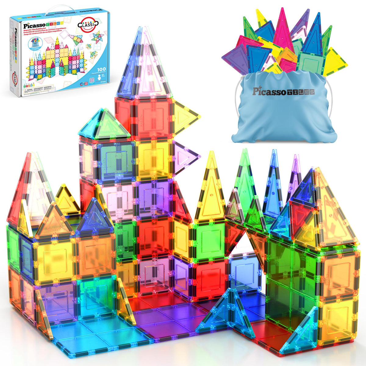 PicassoTiles empaque frontal mostrando 100 piezas y beneficio educativo