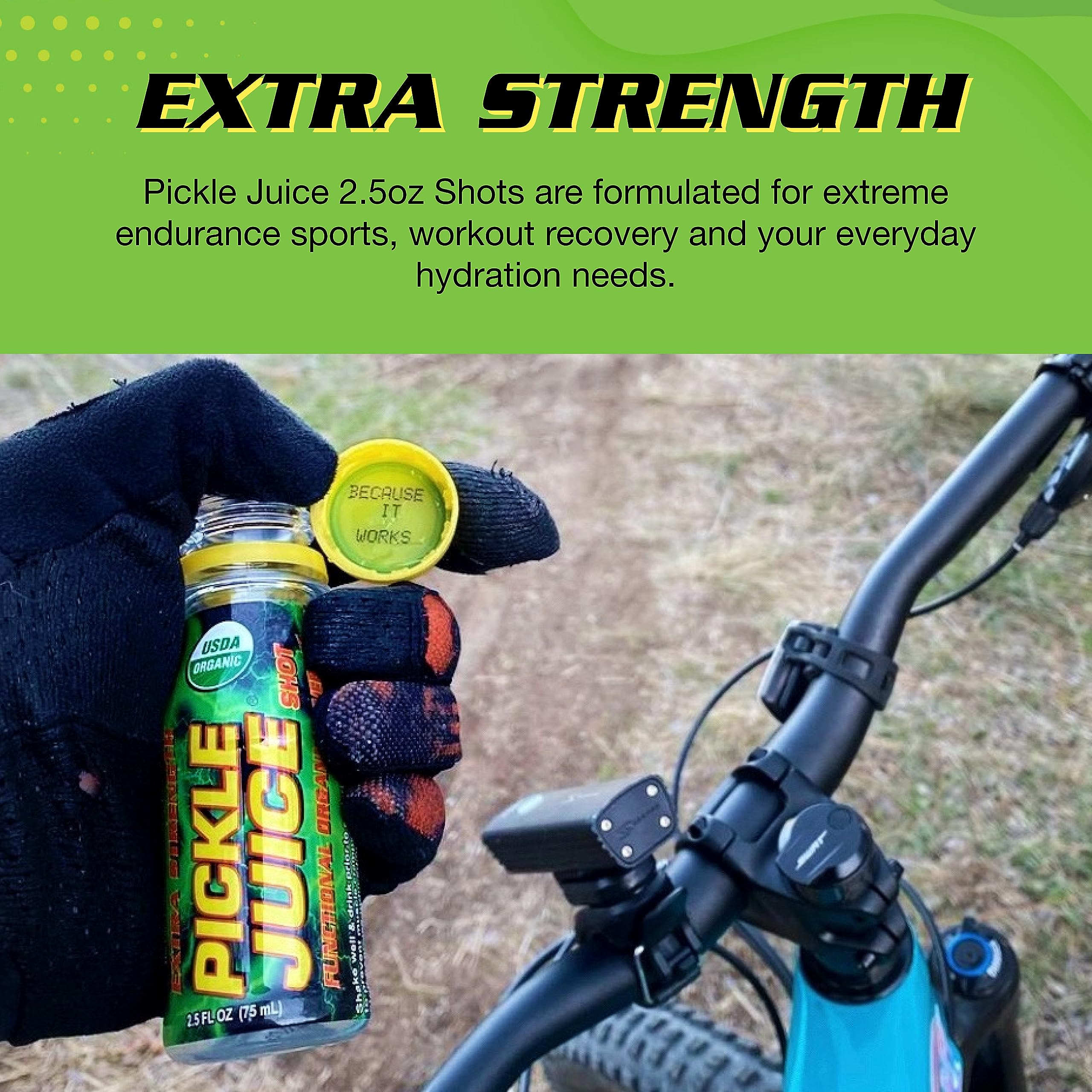 Pickle Juice pack de 12 botellas mostrando almacenamiento sin refrigeración y vida útil