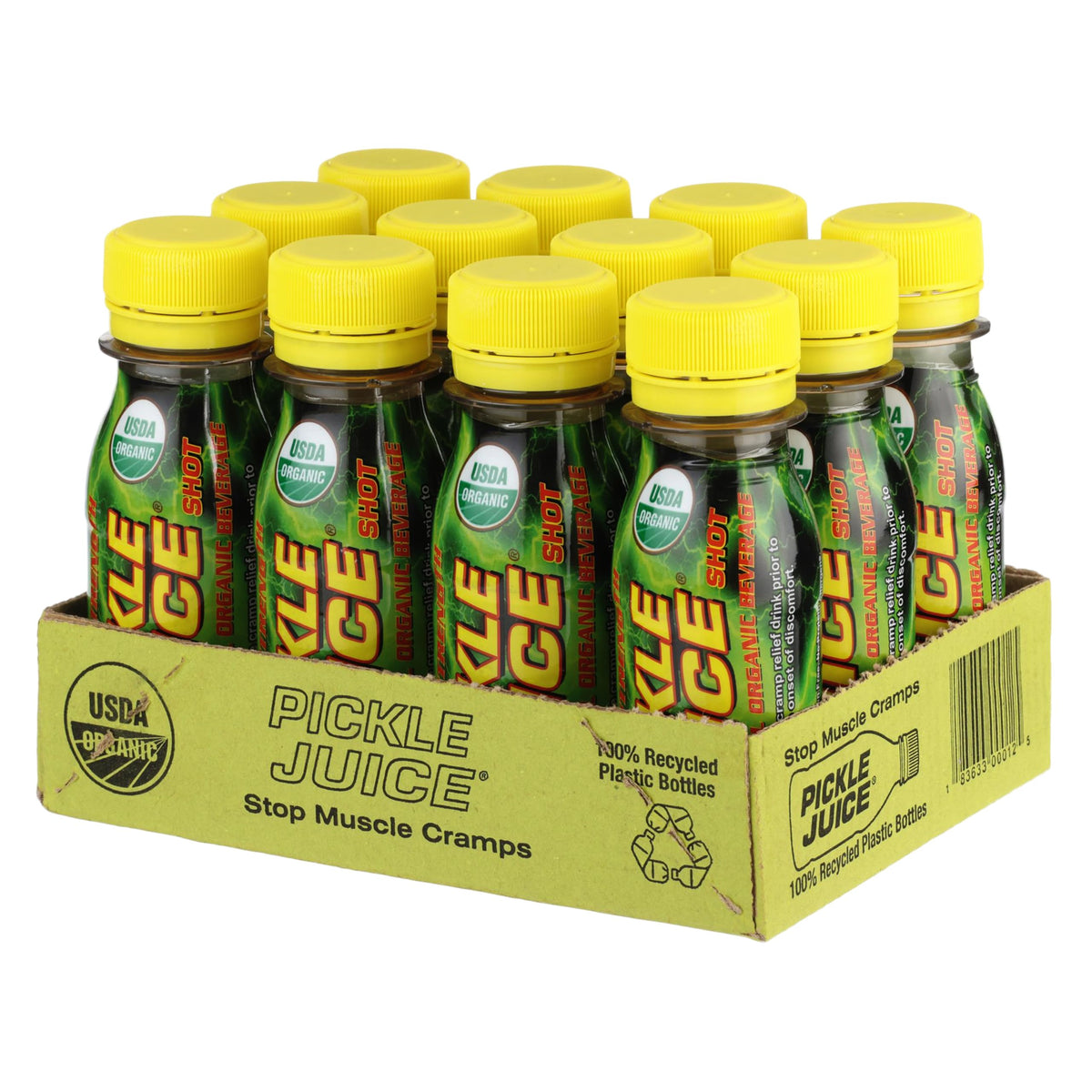Pickle Juice vista frontal del empaque mostrando formato pack y beneficio de alivio rápido
