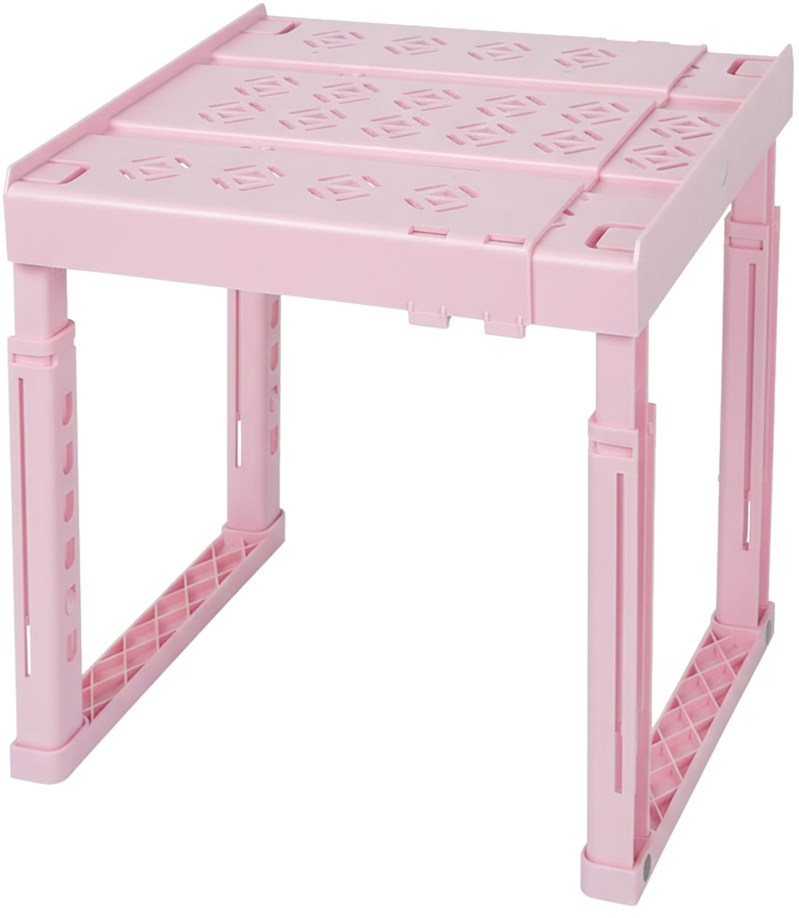 Piffny estante frontal en rosa mostrando el diseño y ahorro de espacio
