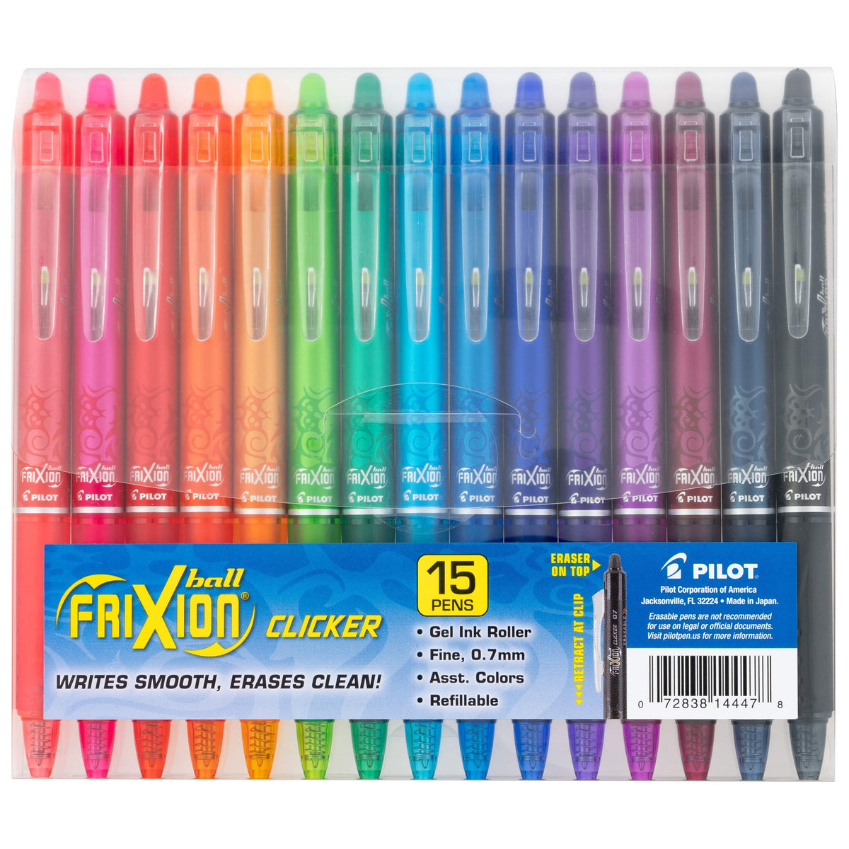 PILOT FriXion frente del empaque mostrando la funda y beneficio de múltiples colores