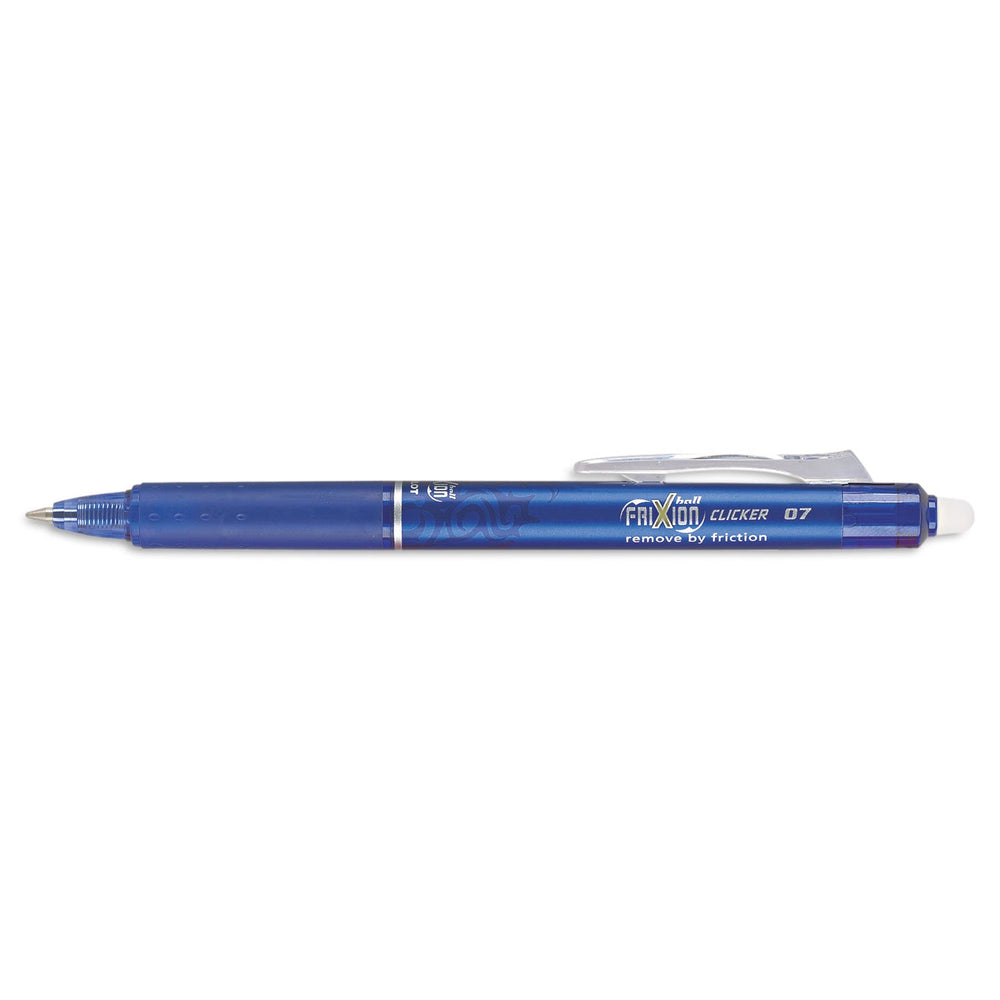 PILOT FriXion Clicker vista frontal del pack de 12 bolígrafos azul mostrando diseño y colores prácticos