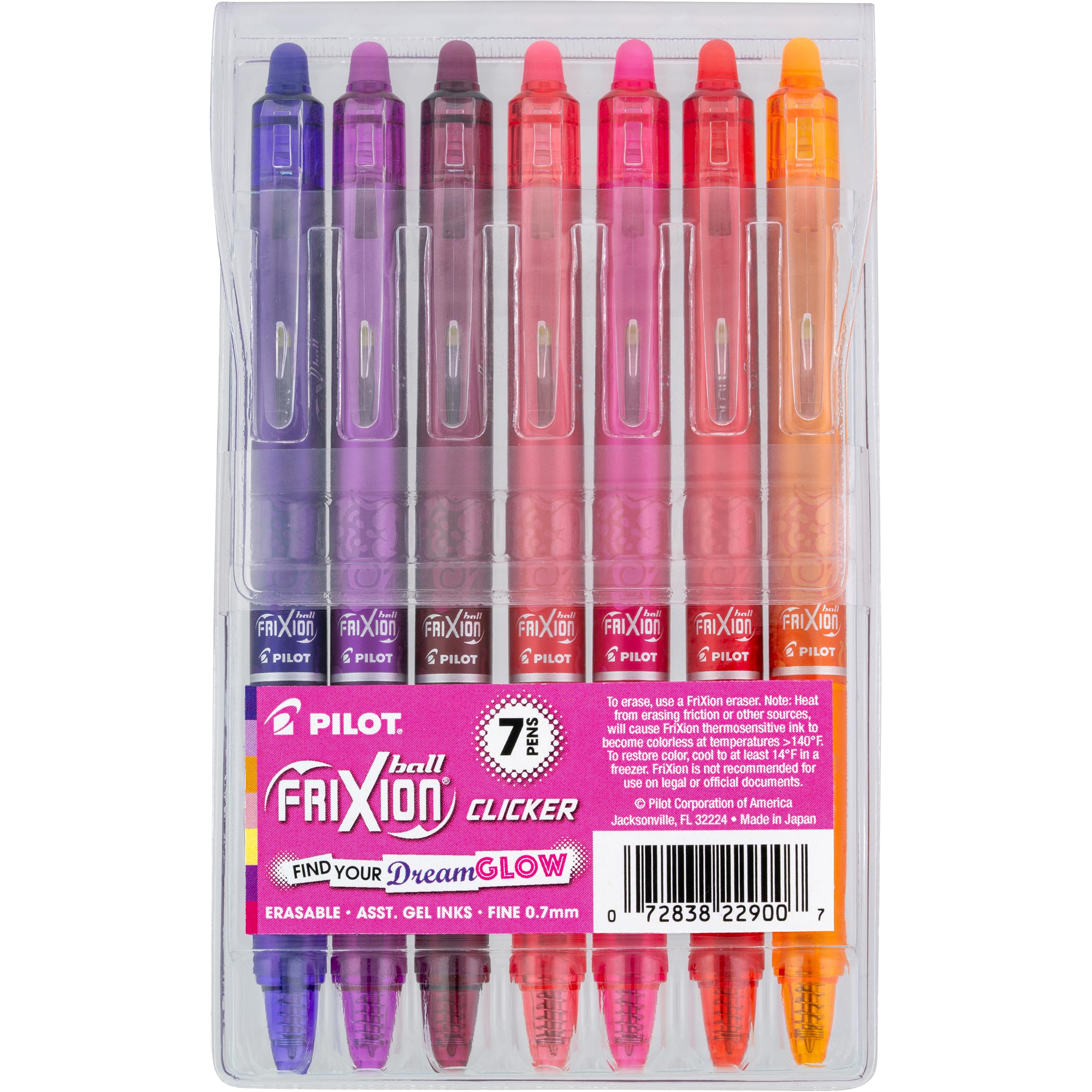 PILOT FriXion Vibe frontal del paquete mostrando los 7 bolígrafos y colores vibrantes