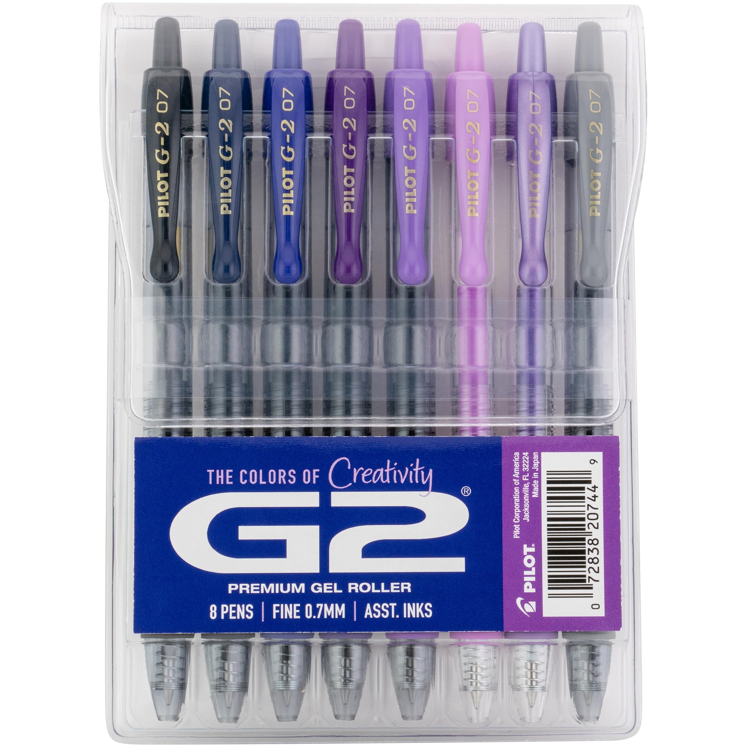 PILOT G2 estuche frontal mostrando los 8 bolígrafos y su variedad de colores