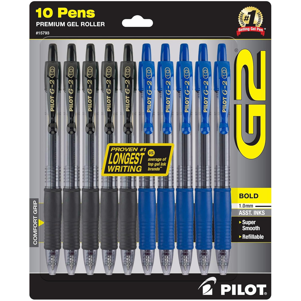 PILOT G2 front packaging showing 10 pens and color mix for reliable supply