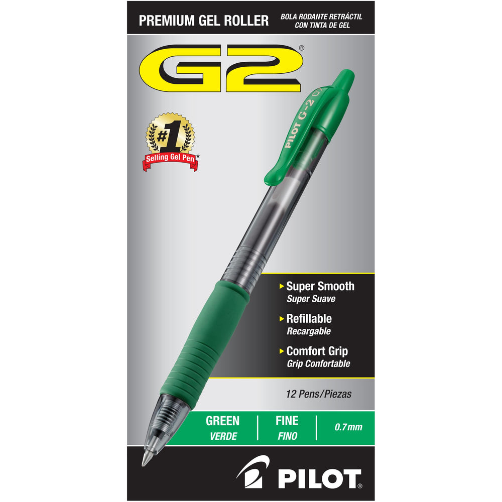 PILOT G2 pack frontal mostrando 12 bolígrafos verdes, confiabilidad y cantidad