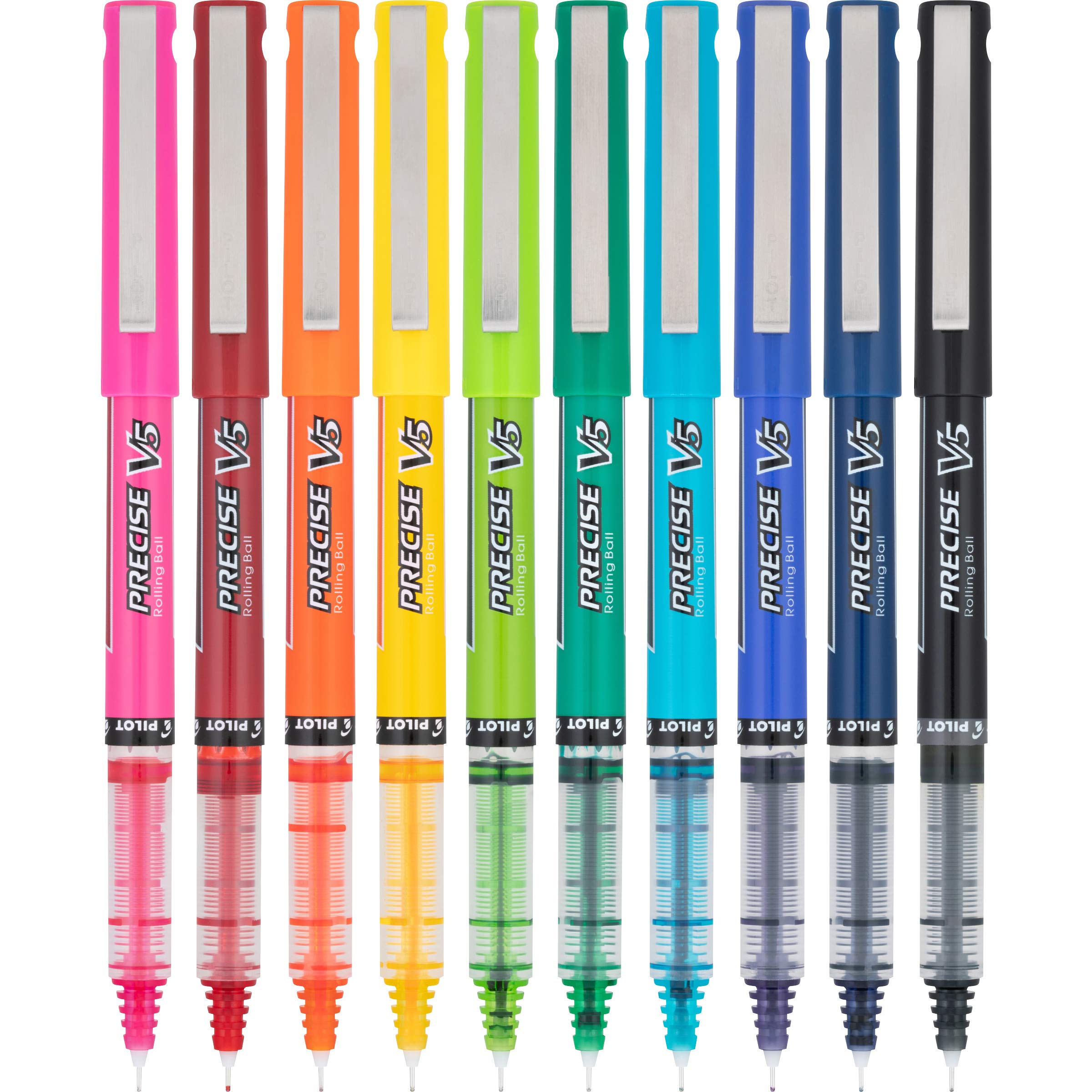 PILOT Precise V5 vista frontal del paquete mostrando los 10 colores y beneficios organizativos