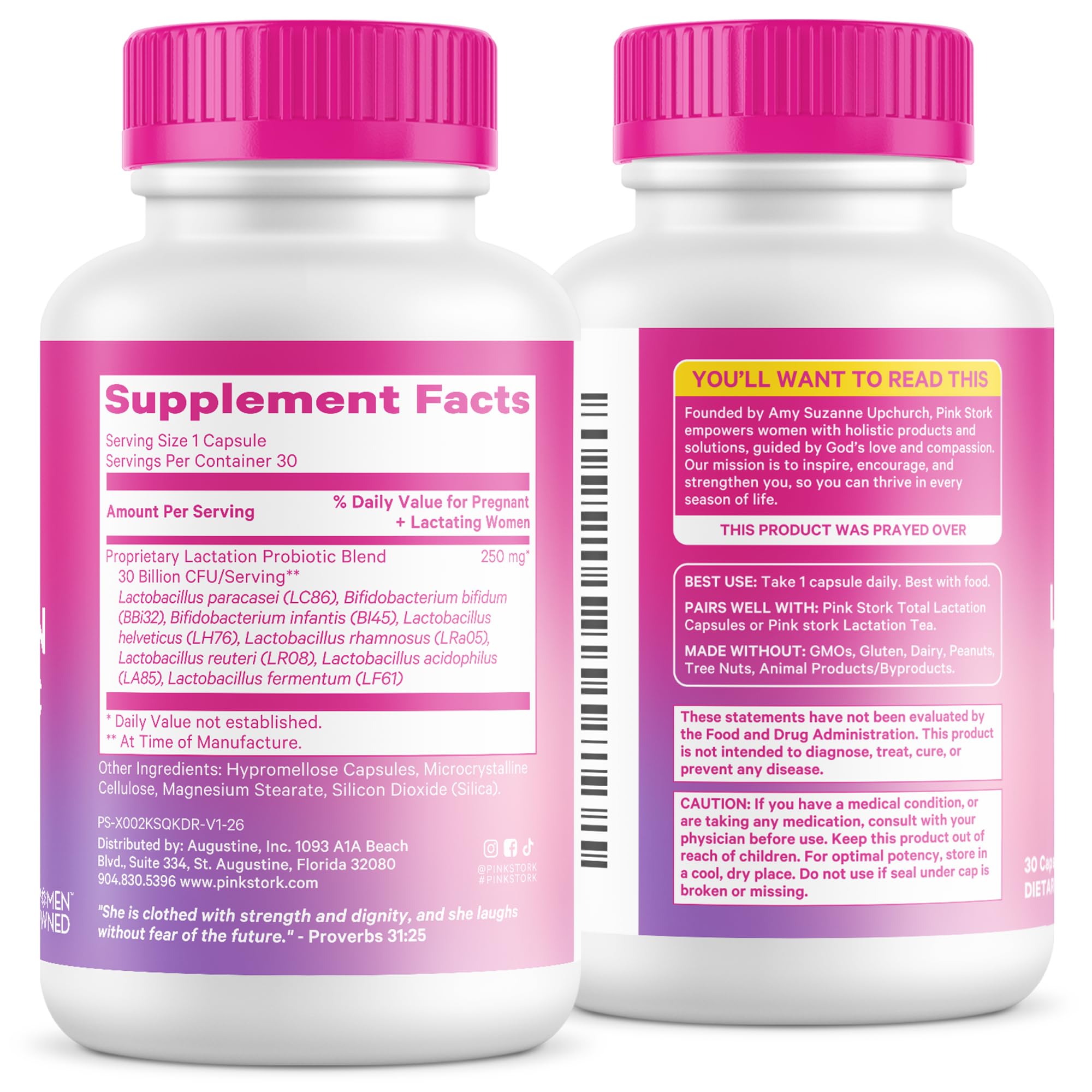 Pink Stork envase junto a vitaminas, ideal para una rutina postnatal completa