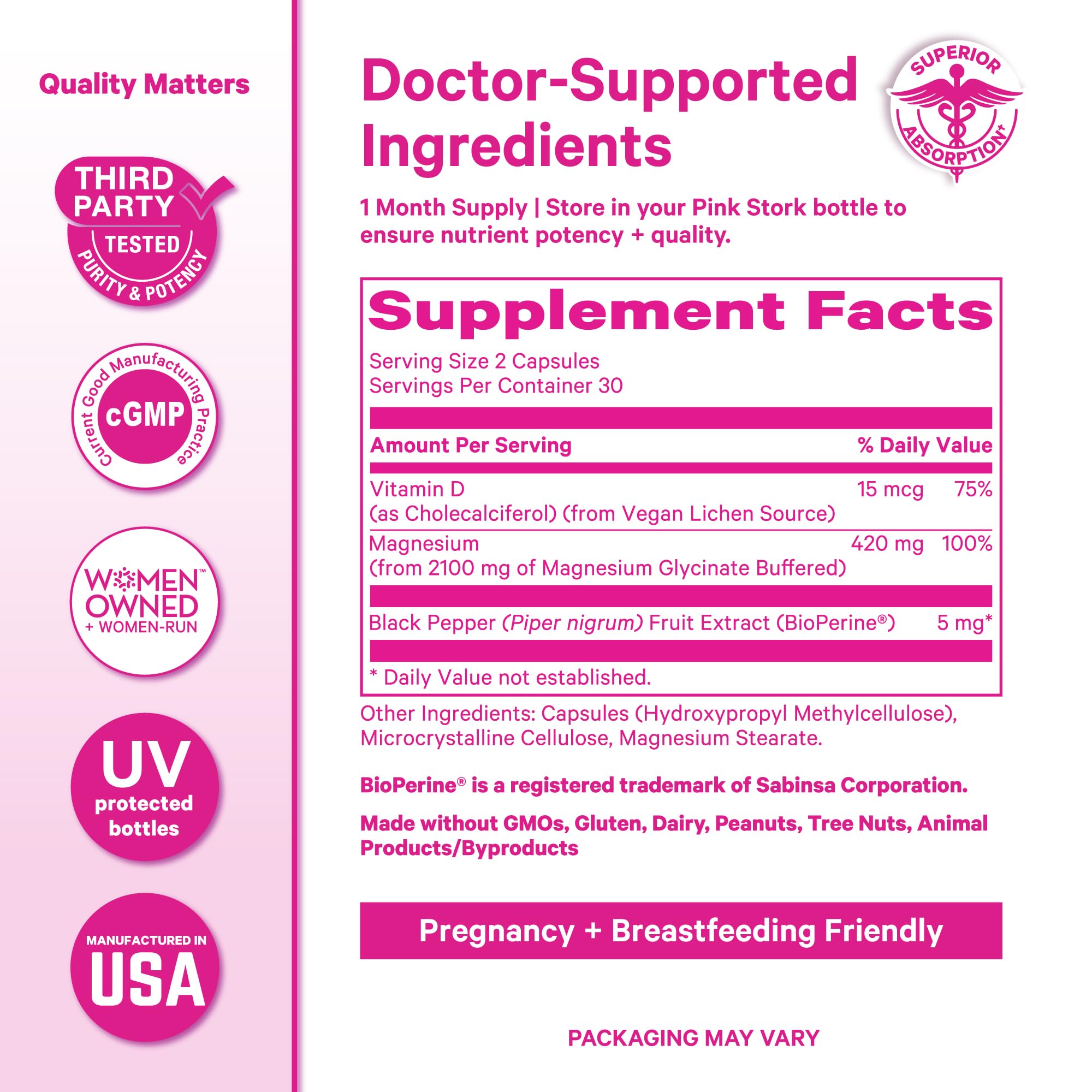 Pink Stork etiqueta de ingredientes enfatizando fórmula limpia