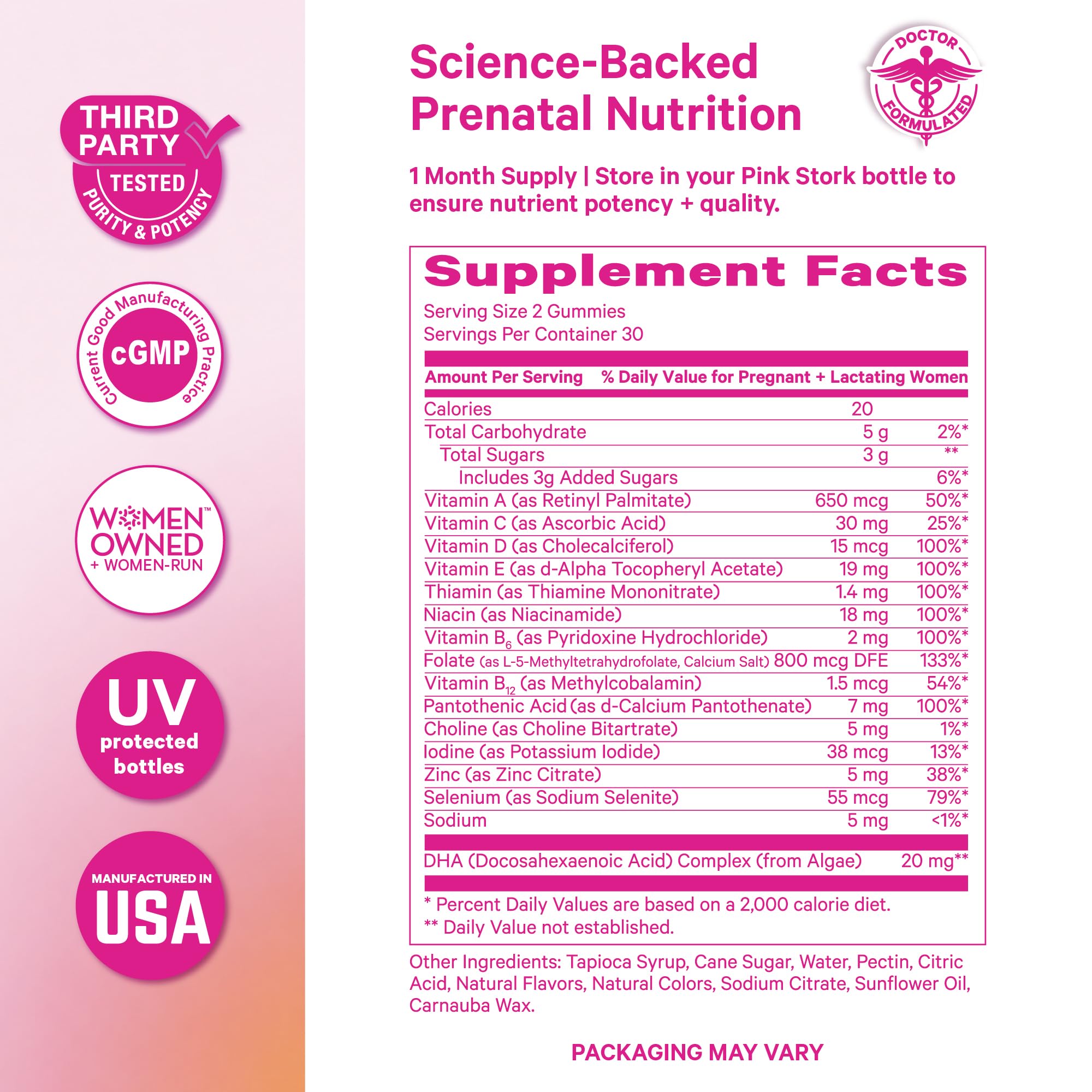 Pink Stork etiqueta nutricional legible, información de folato metilado