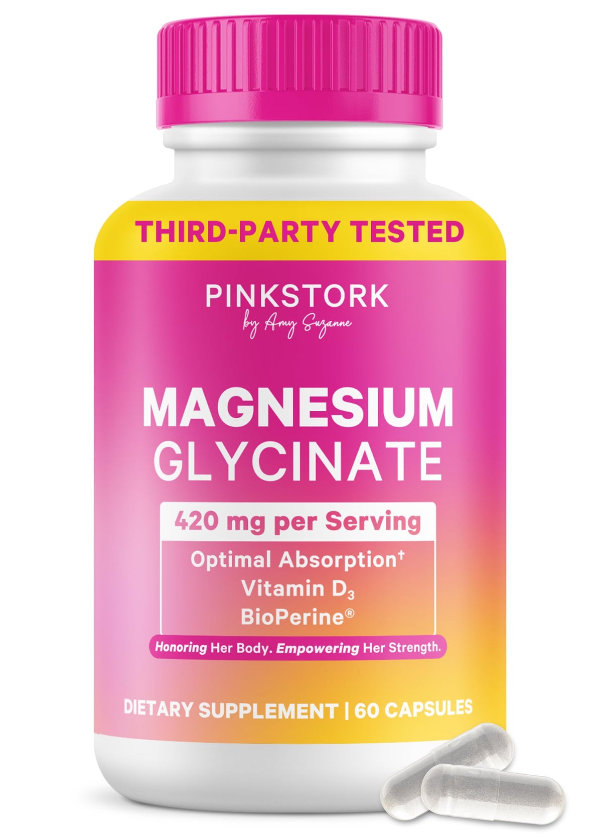 Pink Stork frasco frente mostrando cápsulas y marca para confianza