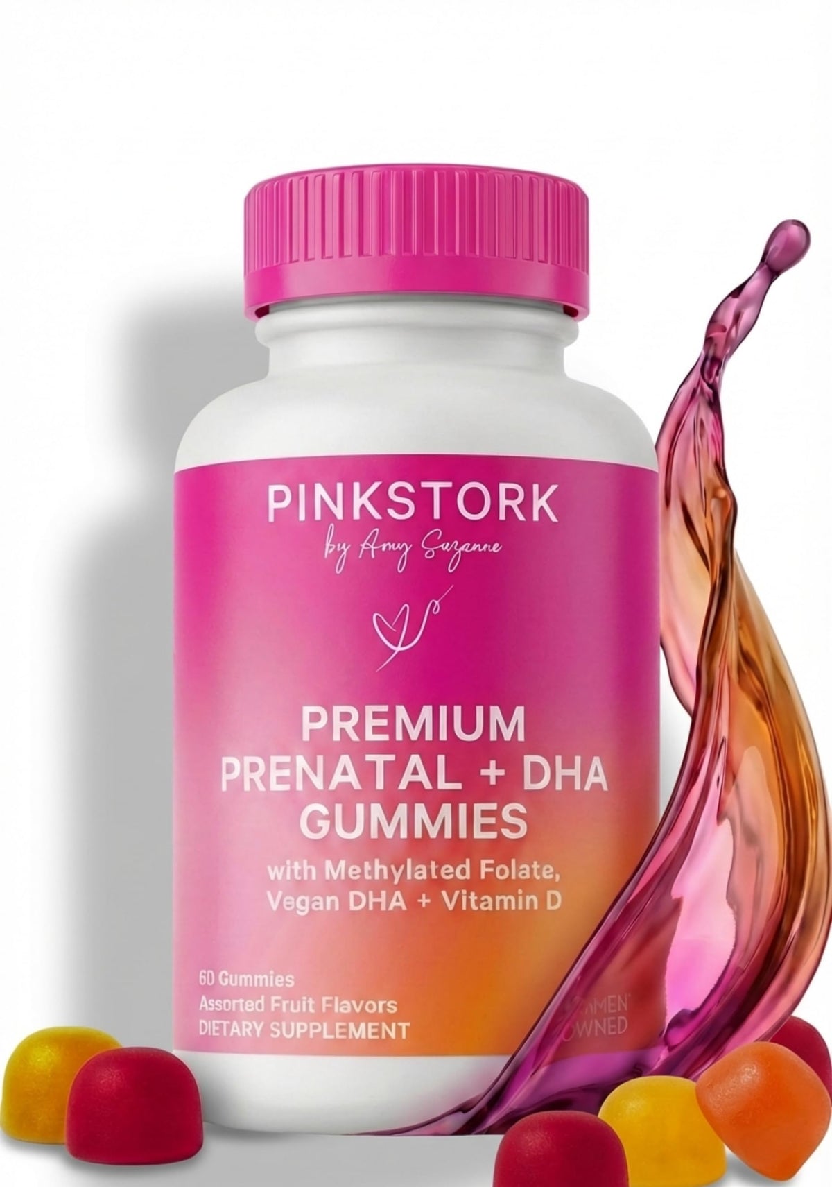 Pink Stork paquete frontal mostrando botella y diseño, conveniencia diaria