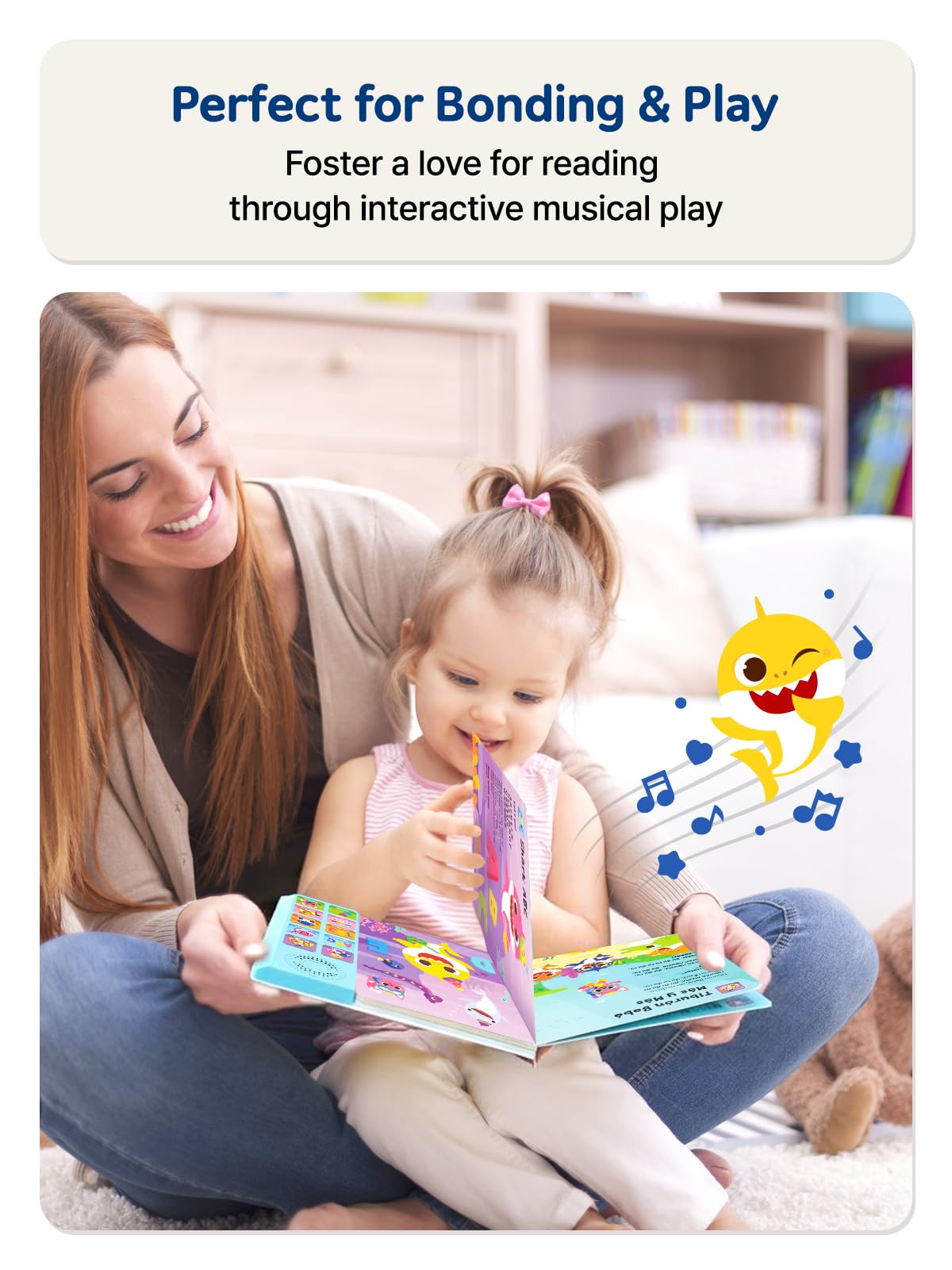 Pinkfong libro en uso con bebé cantando y desarrollando habilidades motoras