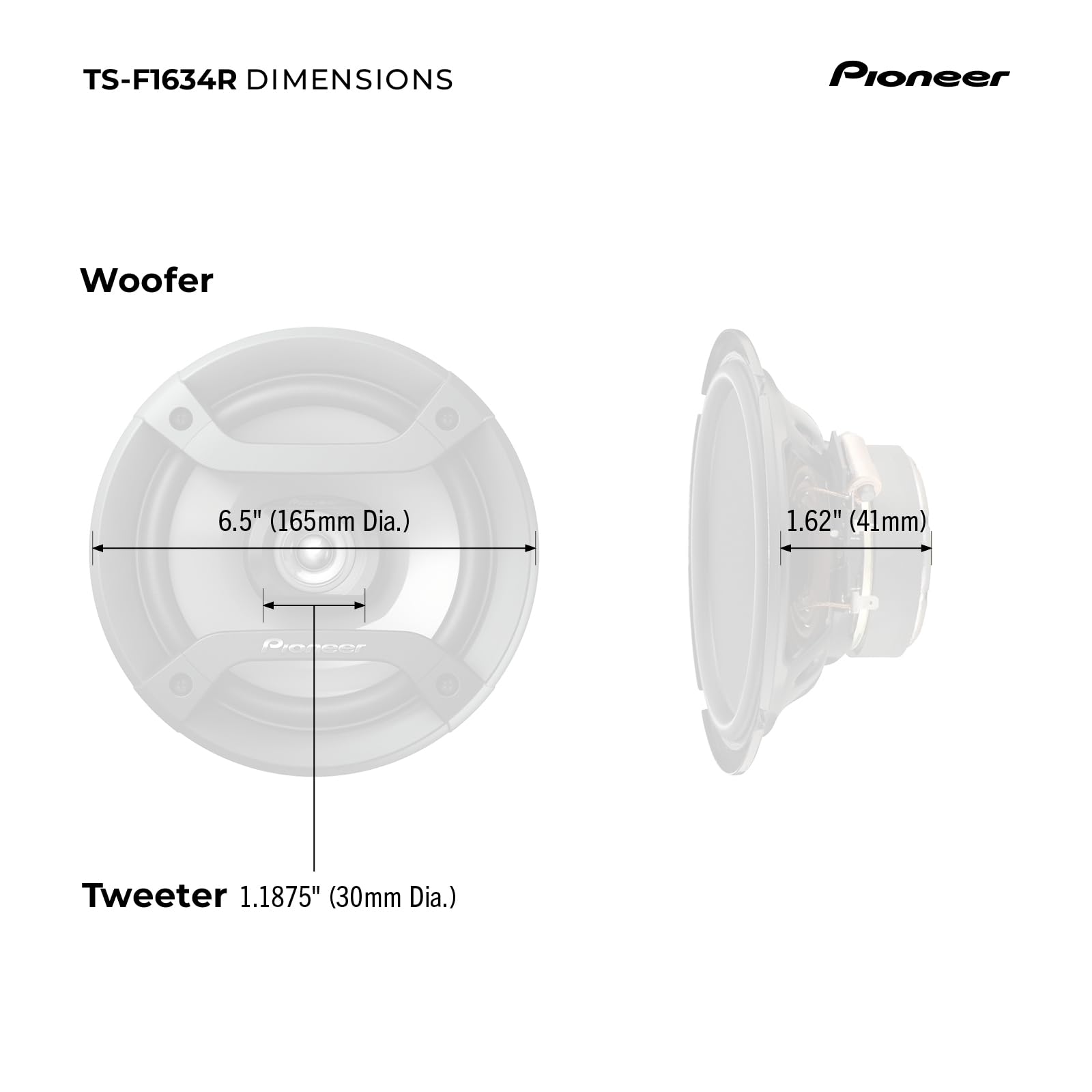Pioneer TS-F1634R acabado negro elegante que integra en interiores