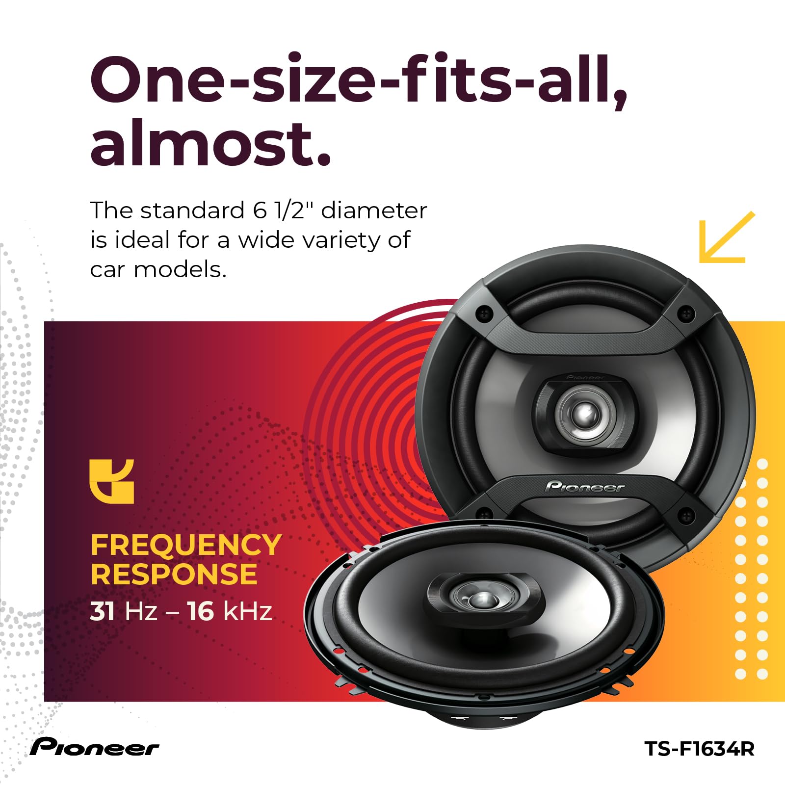 Pioneer TS-F1634R comparación de tamaño 6.5 pulgadas facilita instalación