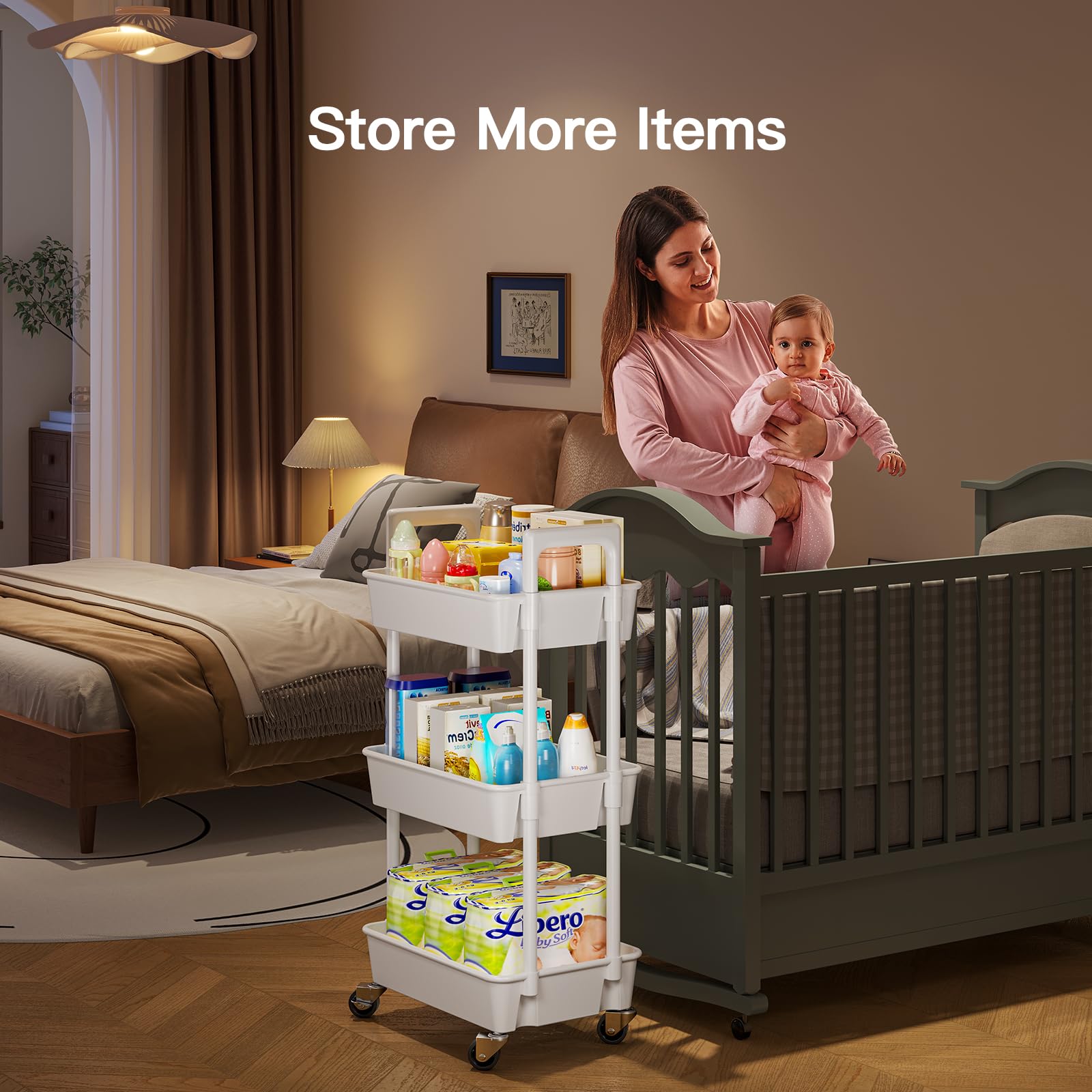 Pipishell carrito en habitación infantil con pañales y accesorios, organización móvil