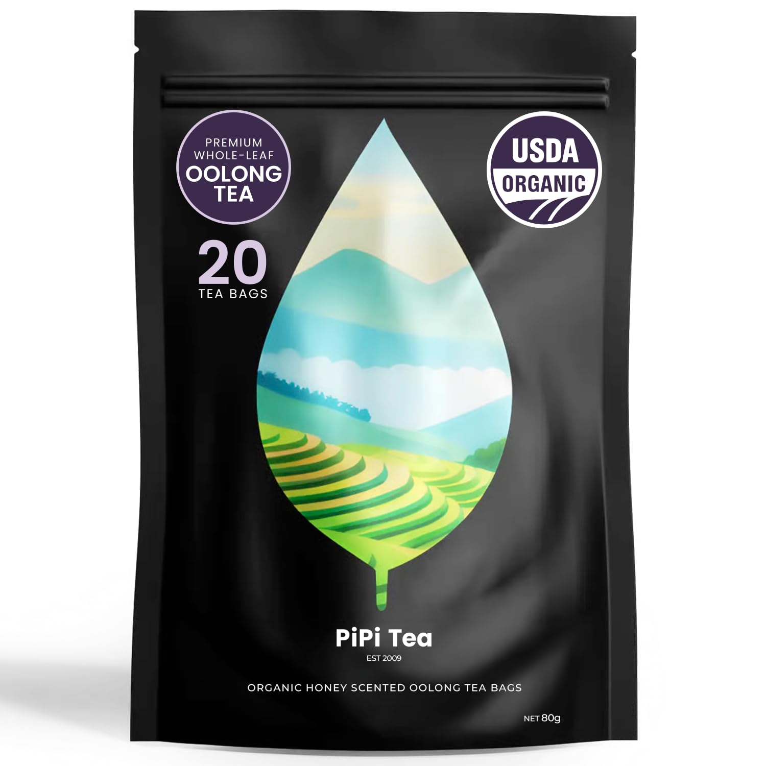 PiPi Tea paquete frontal mostrando bolsitas y beneficio de sabor limpio