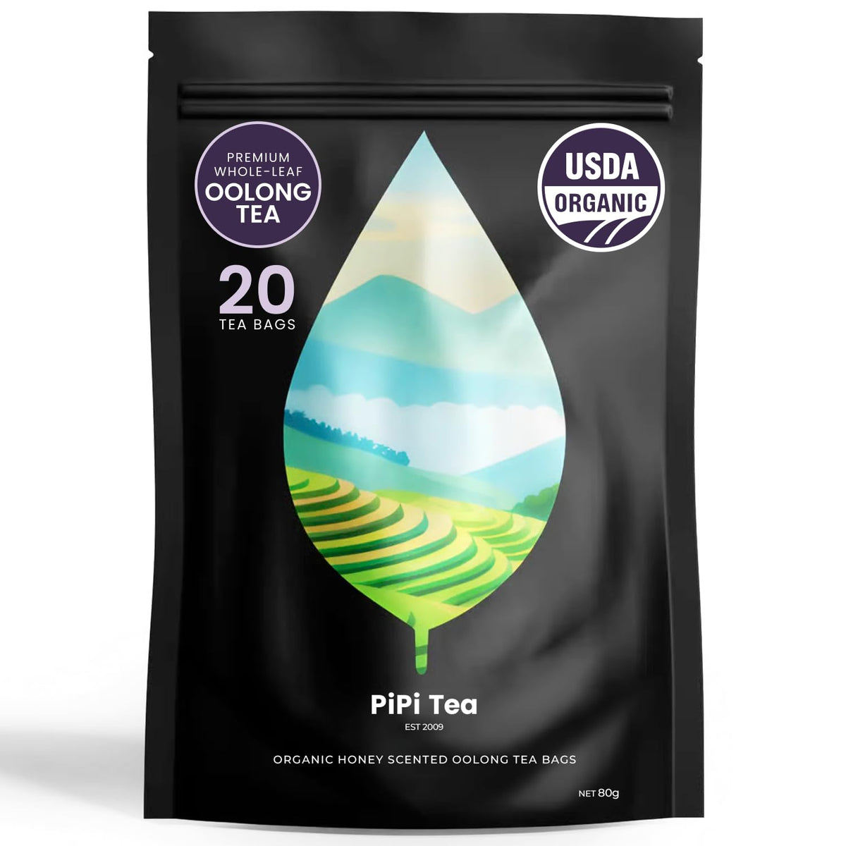 PiPi Tea paquete frontal mostrando bolsitas y beneficio de sabor limpio