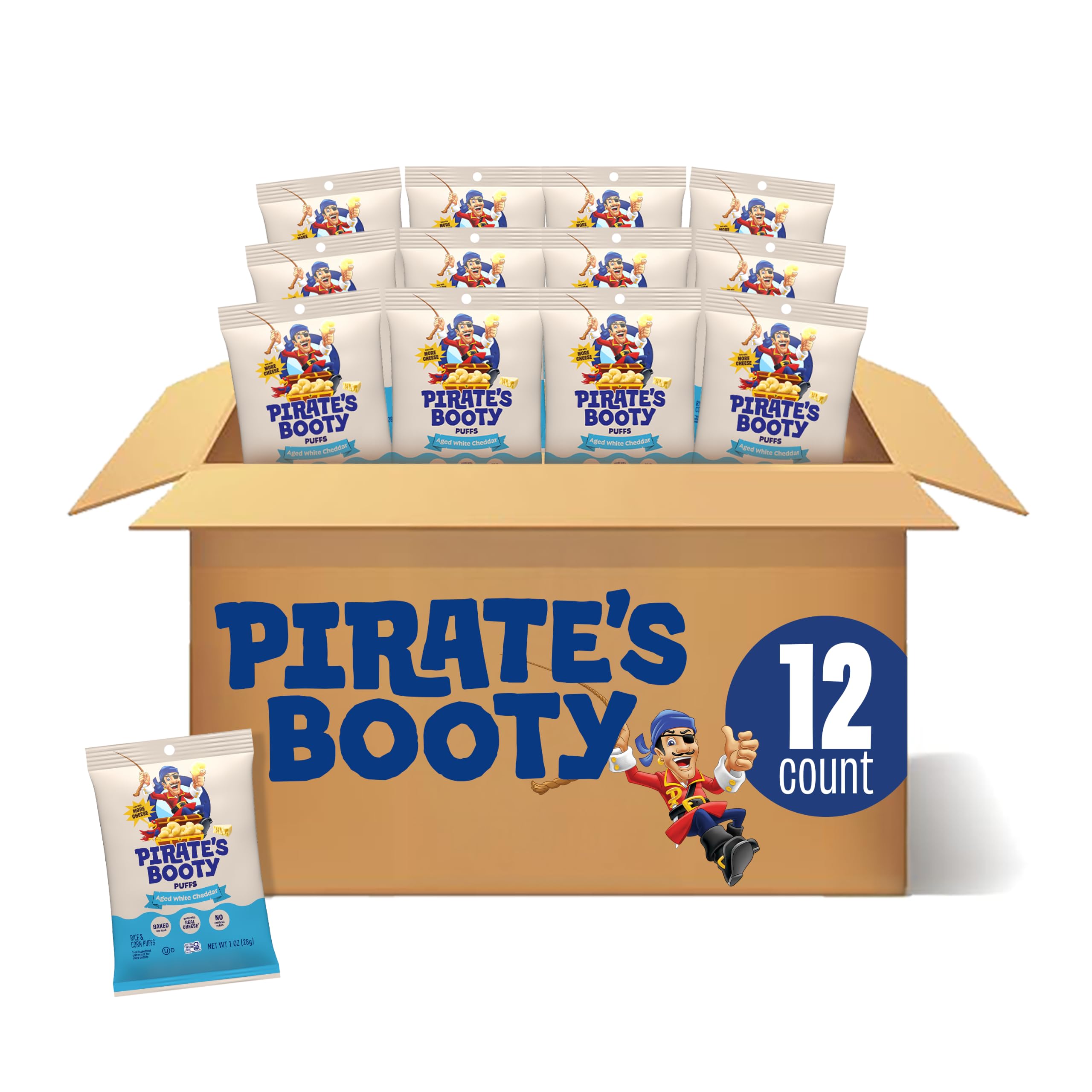 Pirate's Booty frente del empaque mostrando 12 bolsas, ideal para compras