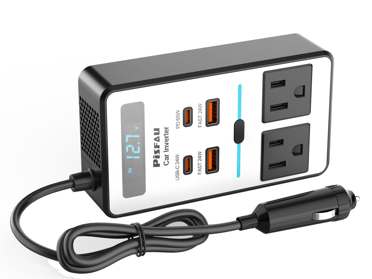 PiSFAU inversor frontal mostrando tomas AC y puertos USB, fácil conexión en coche
