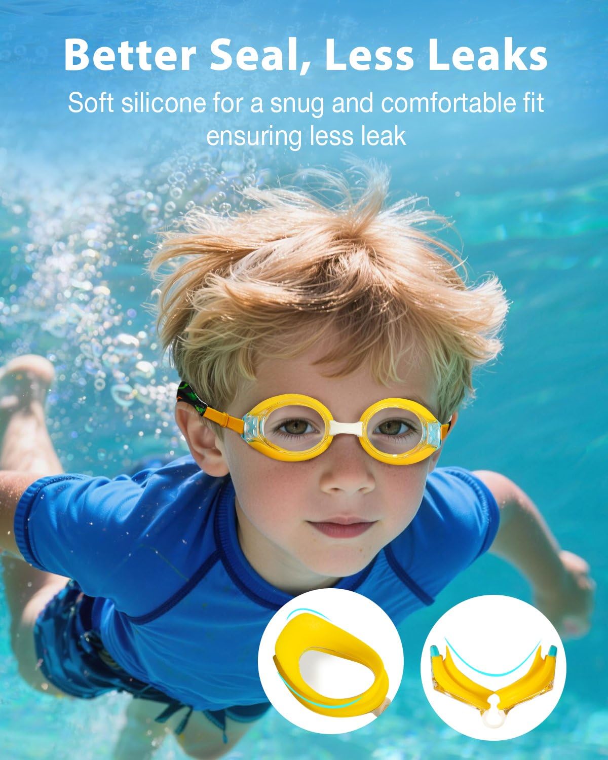 Pixel Panda niño usando gafas en piscina, protección y confort durante el nado