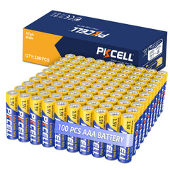 PKCELL empaque frontal mostrando el paquete de 100 pilas AAA, ahorro y reserva