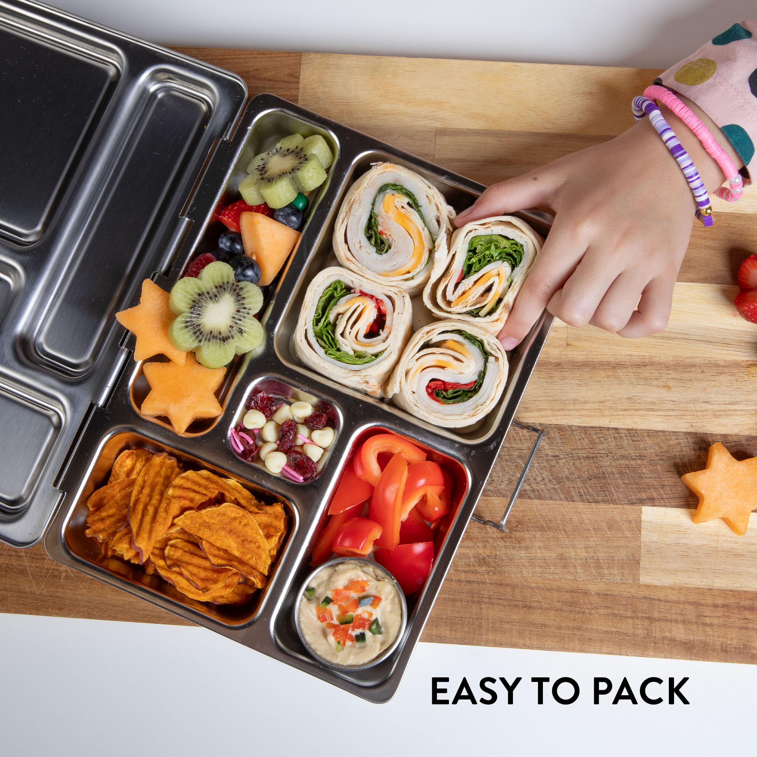 PlanetBox Rover en uso con comida organizada perfecta para merienda escolar