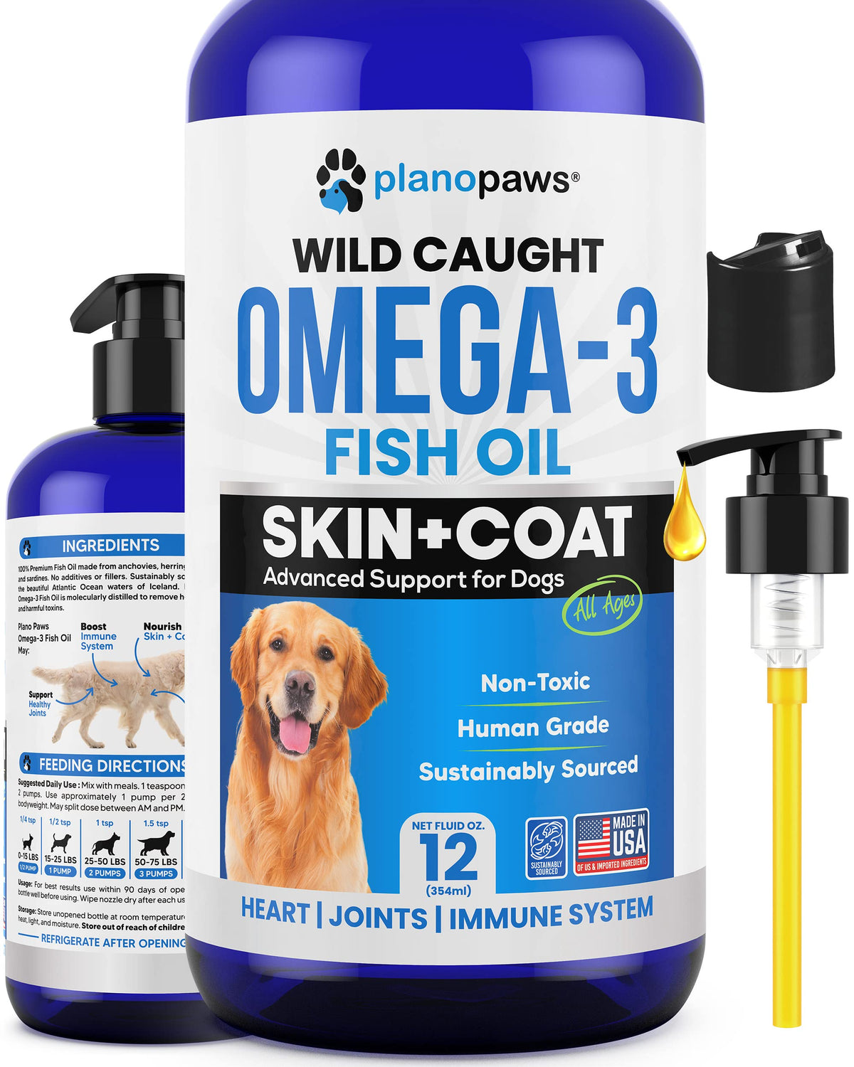 PlanoPaws envase frontal mostrando omega‑3 y beneficio para pelaje
