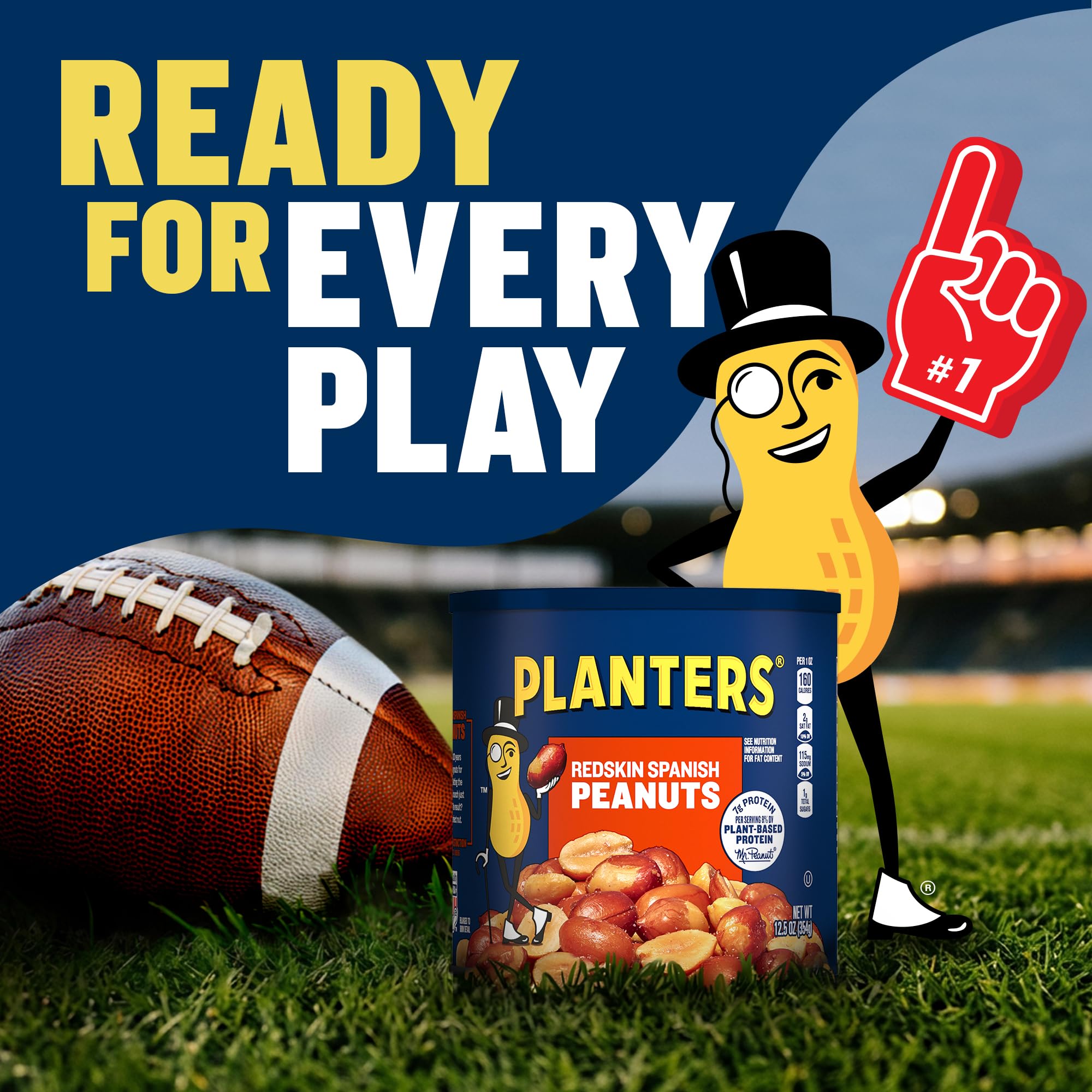 PLANTERS etiqueta nutricional enfocada mostrando 7 g proteína por porción