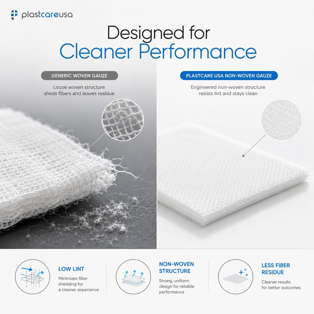 PlastCare USA pila de gasas 2x2 demostrando cantidad y grosor