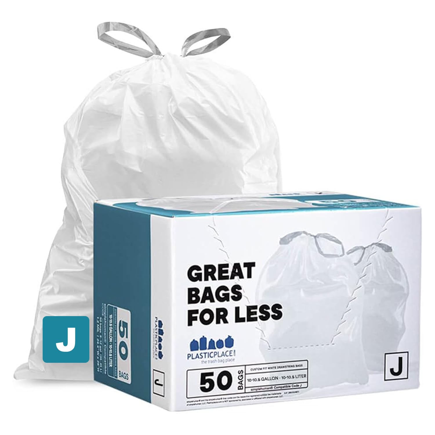 Plasticplace paquete frontal mostrando 50 bolsas, ahorro y ajuste